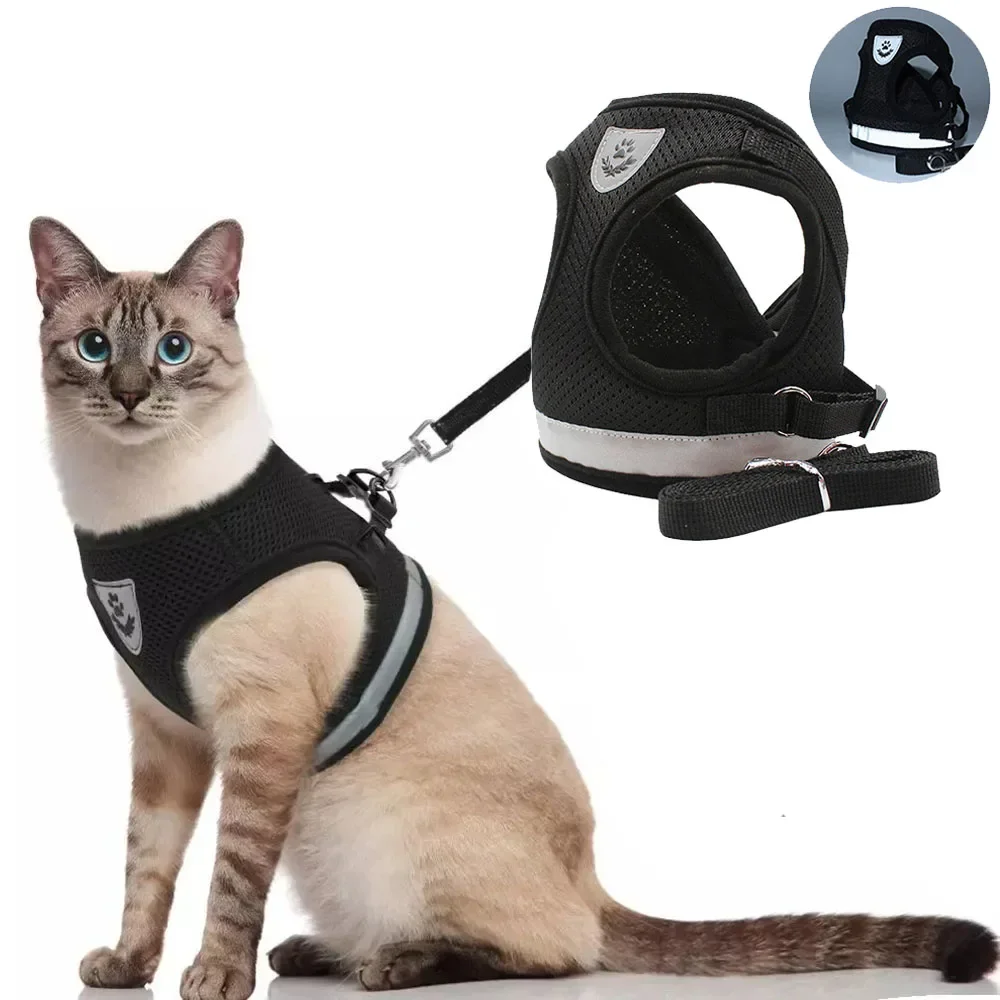 Katzen geschirr Blei Leine Set verstellbar reflektierend flucht sicher Haustier Mesh Weste Geschirr Hündchen Halsband kleiner Hund Katze Haustier liefert Image