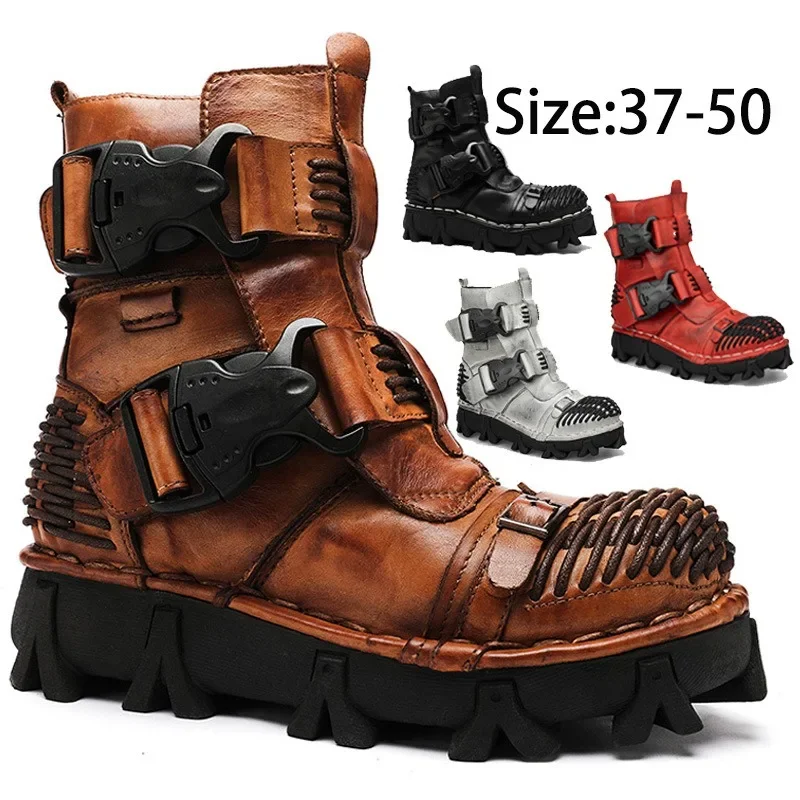 Fashion Leather Boots for Motorcycle Thick Soled High Top Trendy Boot Retro Casual Protective Men Shoes Fashion Autumn Winter
