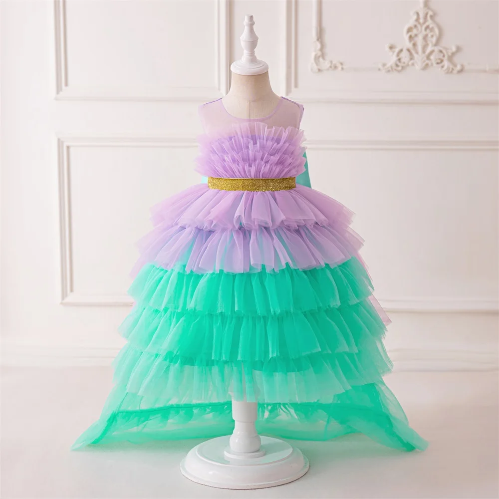 Elegante Mädchen flauschig nachlaufen lila Kleider Kinder großen Bogen Geburtstags kleid Mädchen Spitze Abendkleid Kinder Mode Hochzeits feier