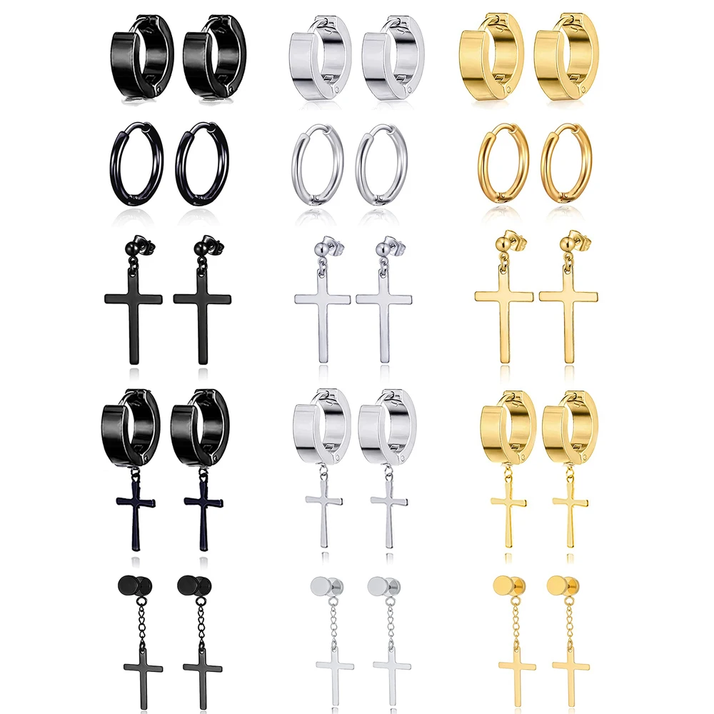 1 Paar Edelstahl Creolen klappbar baumeln Kreuz Ohrringe Punk Stud Piercing Set für Frauen Männer Silber schwarz Gold Ton
