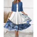 Damen Zwei-Teiler Kleid Sets Midi Kleid mit Jacke Elegantes A-Linien Kleid Halbarm Casual Kleid Chiffon Kleid Swing Kleid Hochzeit Alltag Regelmäßige Passform Blumen V-Ausschnitt Blau Herbst