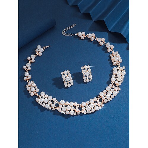 Luxuriöses Set aus Halskette und Ohrringen aus Kunstperlen – eleganter vergoldeter Brautschmuck für Hochzeiten, Partys und formelle Anlässe Image