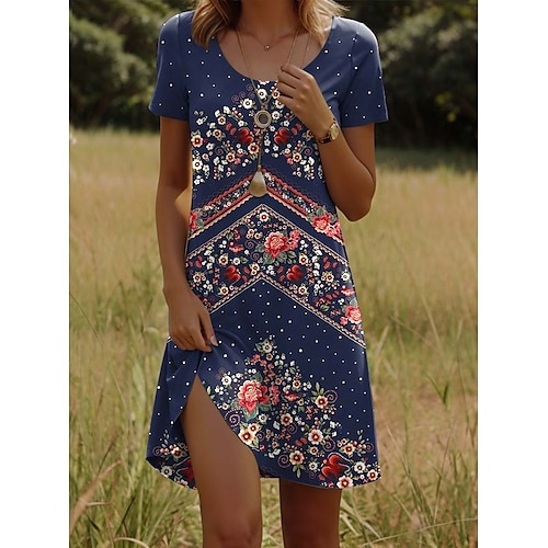 Damen Mini Kleid Boho Lässiges Kleid Petite Kleid T-Shirt Kleid Tee Kleid Sommerkleid Lässig Urlaub Lässig Täglich Reguläre Passform Floral Kurzarm Rundhals Schwarz Rot Marineblau Grün Sommer Image