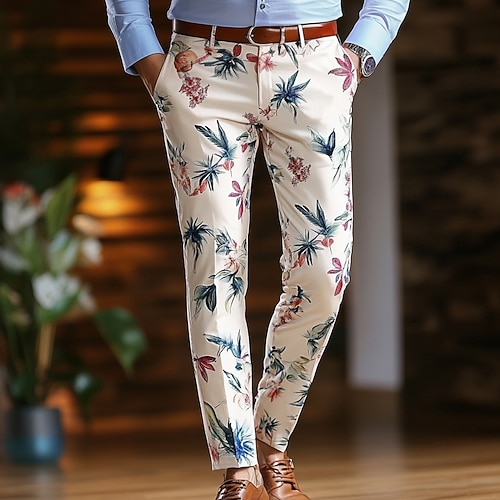 Herren Blumen Pflanzen Anzughosen Hose Hosen Mittlere Taillenlinie Business-Casual Outdoor Urlaub Strassenmode Mit Taschen Schmaler Schnitt Flache Front Sommer Frühling 3D-Druck Hellrosa Image