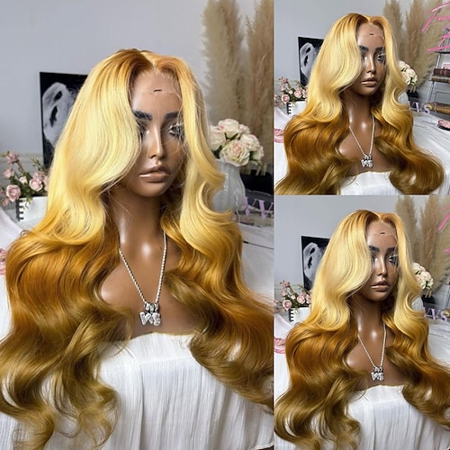 Remy Menschenhaar 5x5 Verschluss 13x4 Spitzenfront Perücke Freier Teil Brasilianisches Haar Wellen Blond Perücke 130% 150% Haardichte mit Babyhaar Gefärbte Haarspitzen (Ombré Hair) Leimlos Vorgerupft