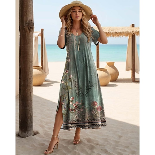 Damen Maxikleid T-Shirt Kleid Tee Kleid Sommerkleid Shift Kleid Bohemia Ethnisch Urlaub Geburtstag Urlaub Regulär Fit Vintage Kurzarm Rundhalsausschnitt Rot Blau Grün Dunkelblau Image