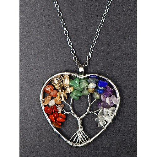 handgefertigte Halskette mit Lebensbaum-Anhänger – Legierungskette mit natürlichen Edelsteinperlen, böhmischer Energieheilungsschmuck für Frauen, spirituelles Geschenk für Yoga Meditation Image