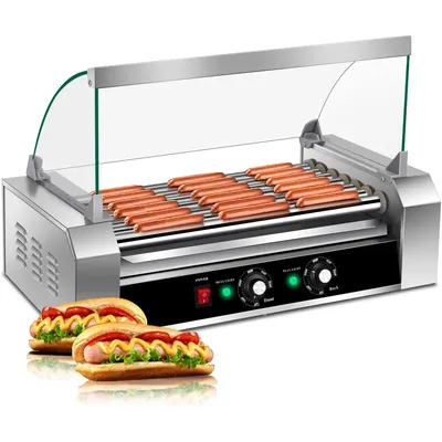 Hot Dog Roller Machine, 18 Hot Dog and 7 Non-Stick Roller, Sausage Grill Cooker Machine with Glass