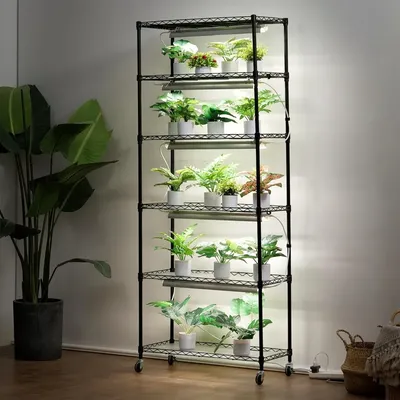 DIY Plant Stand with Grow Light, 6-Tier Large Tall Plant Shelf with 192W 5000K Full Spectrum Grow