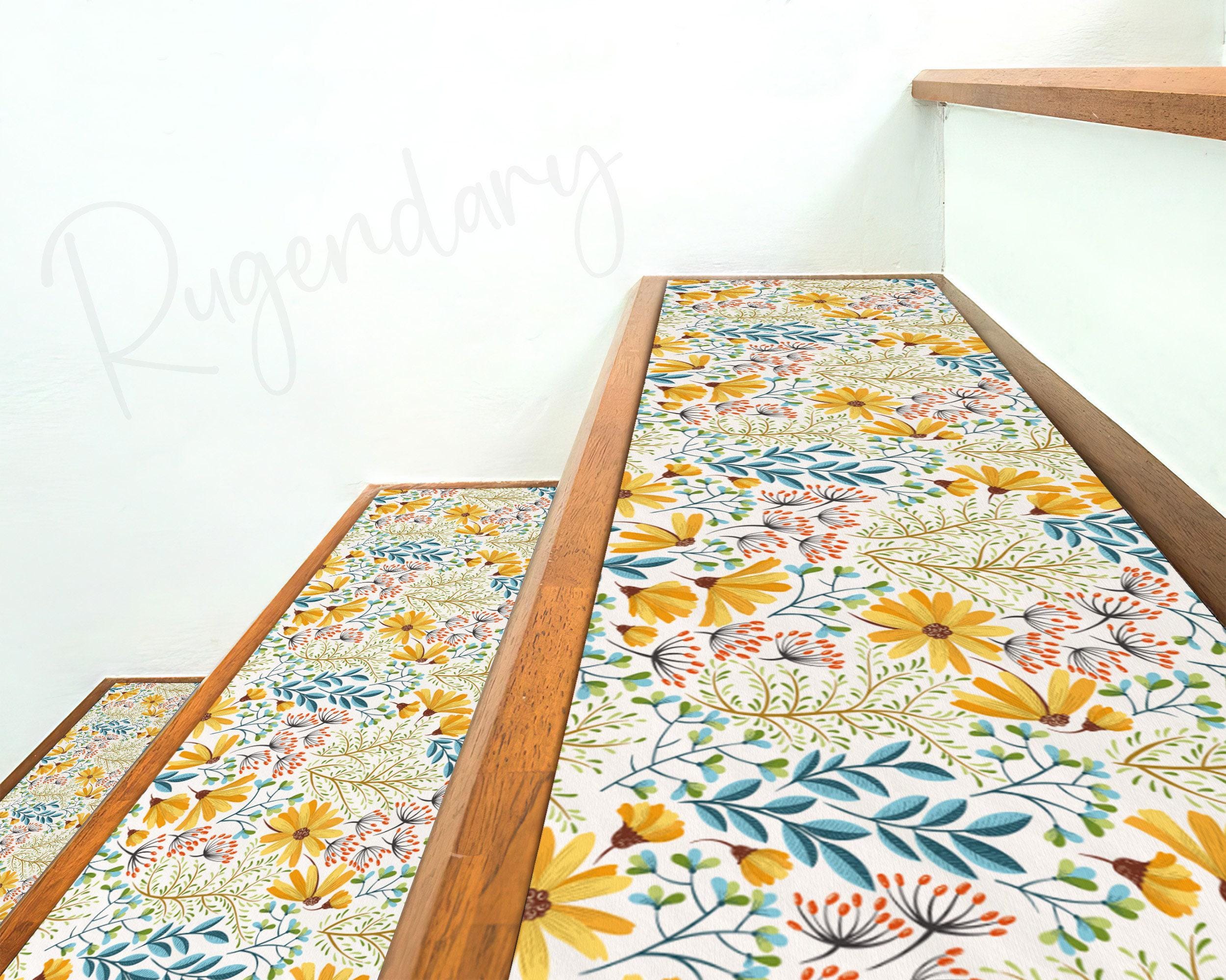Frühlingsblumen Treppenstufen Teppich: Boho Rutschfeste Stufenmatte