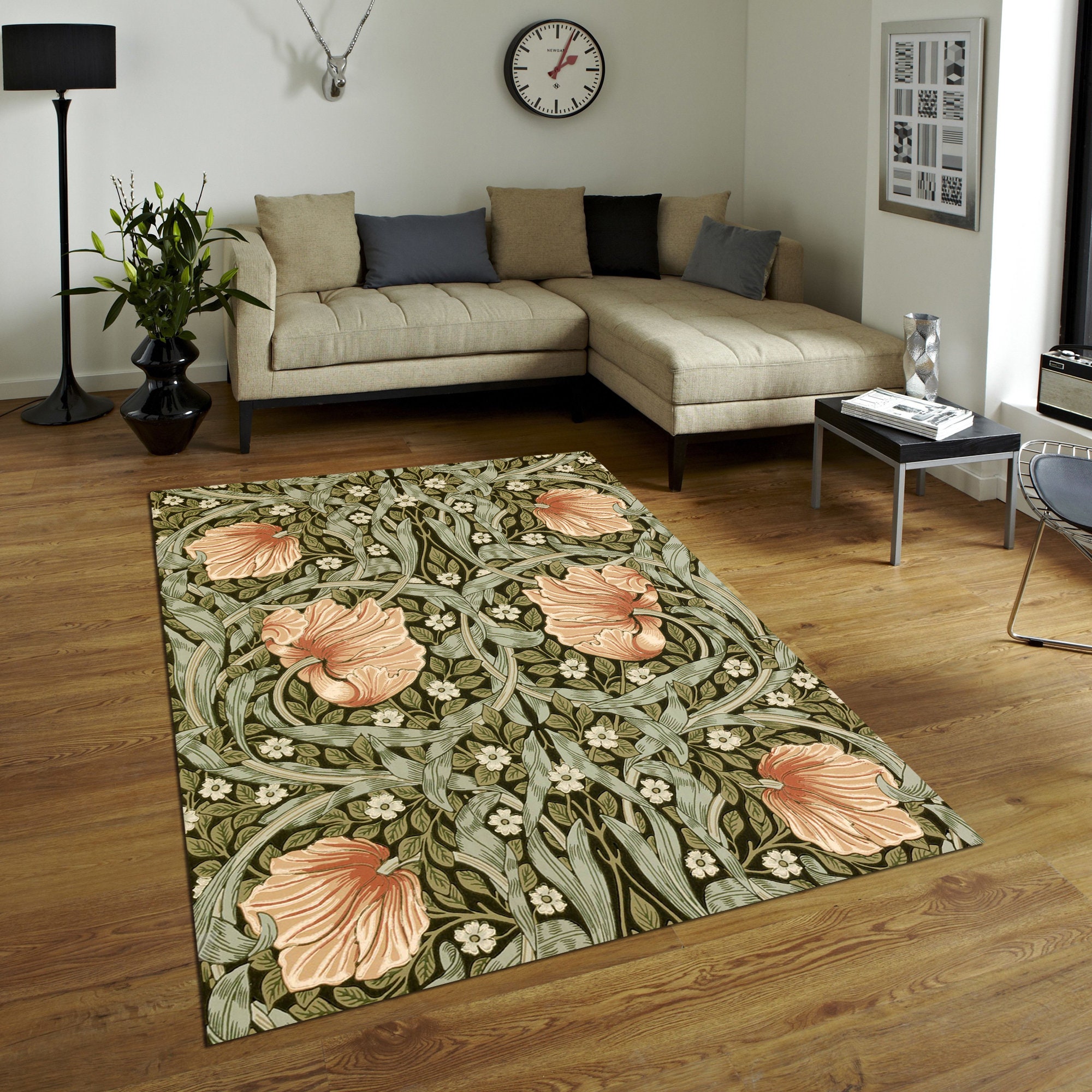 Blumen Teppich, Wiliam Morris Stil, Teppich für Wohnzimmer, Muster Teppich, Grüner Teppich, Blatt Teppich, Kunst Teppich, Anti Rutsch Teppich, Moderne