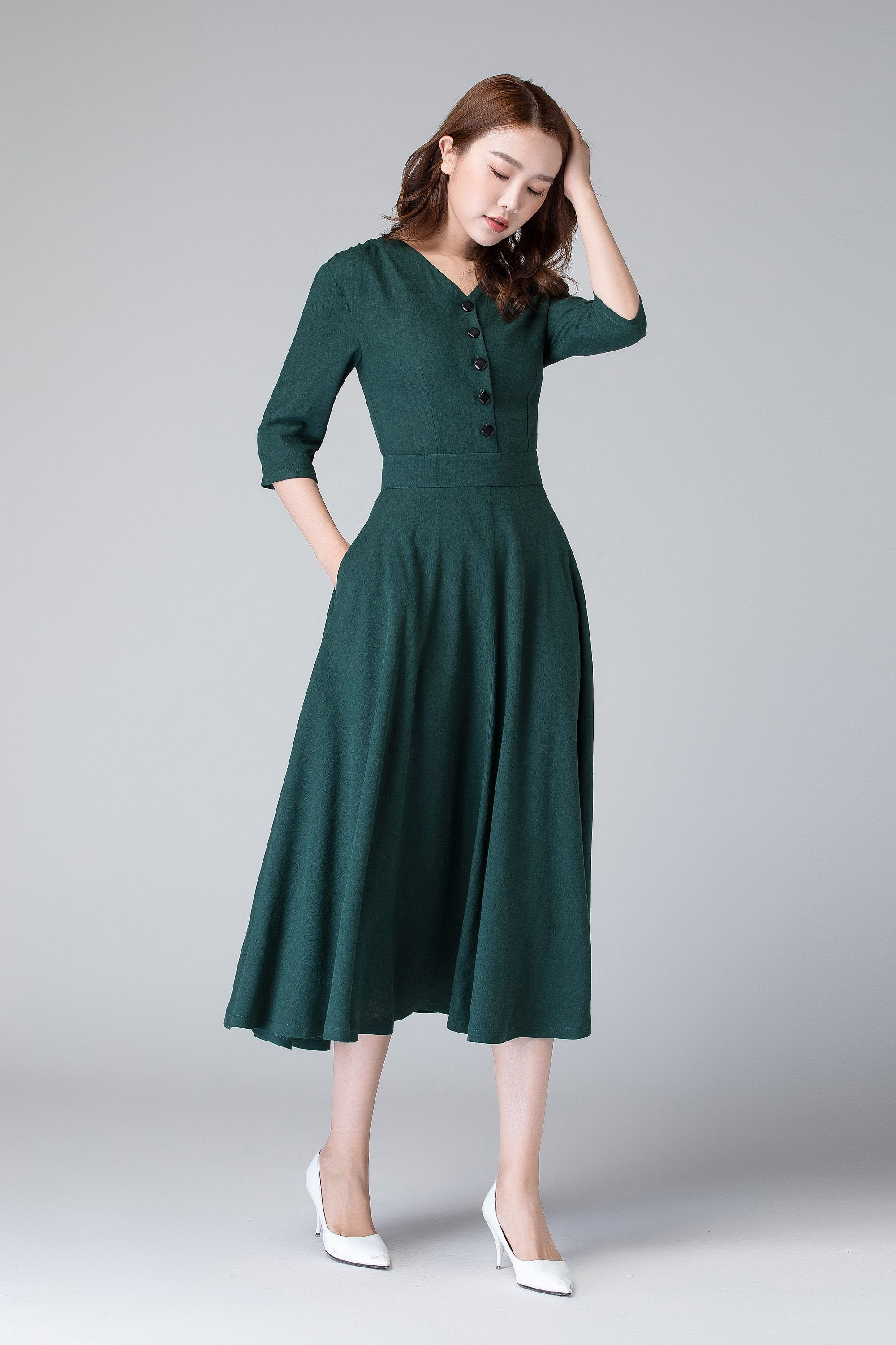 Shirtwaist Kleid, Leinenkleid mit Knöpfen, Kurzarm Leinenkleid mit Tasche, Grünes Kleid, Sommerkleid, Leinenkleid 1906#