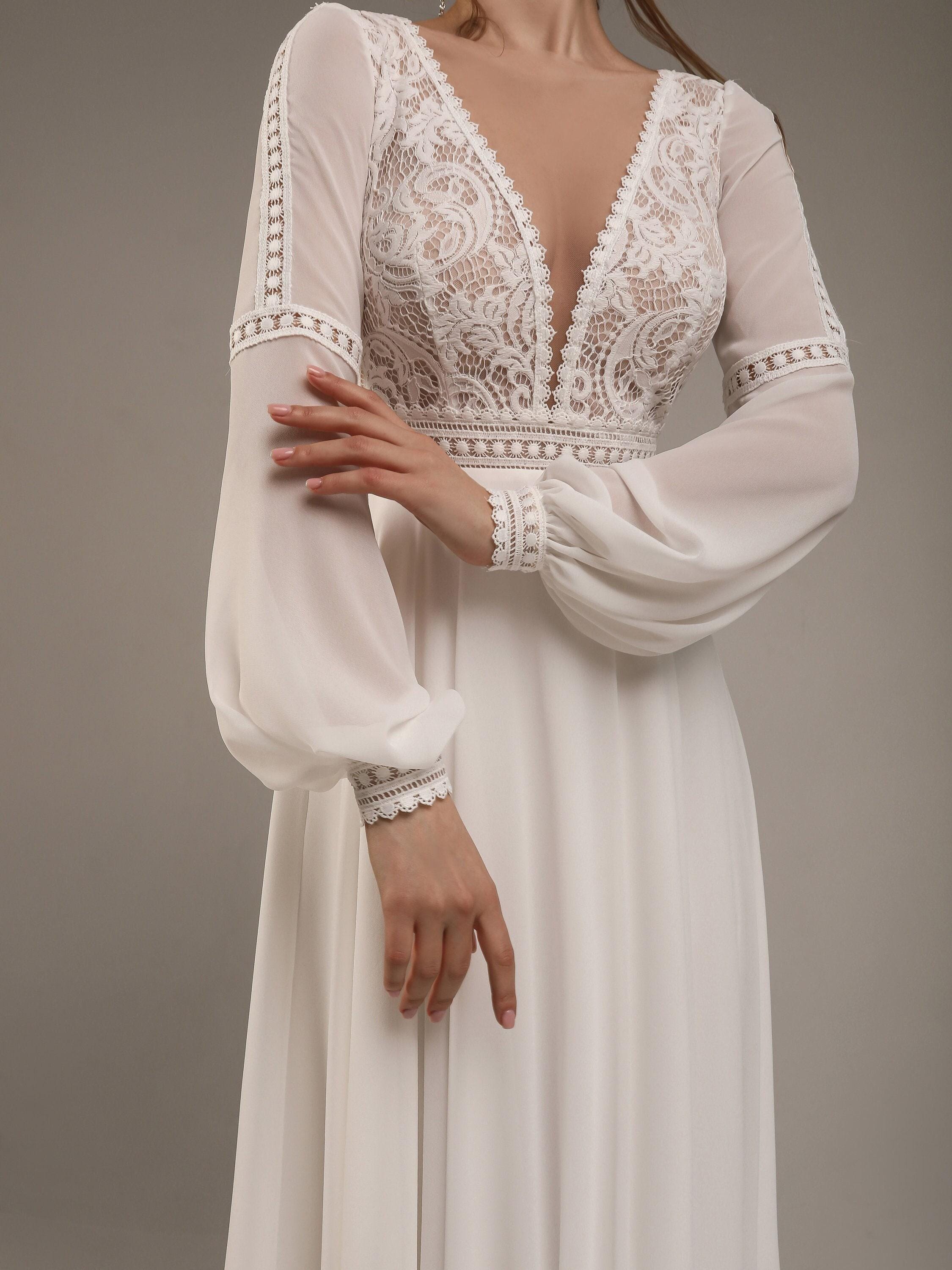 Boho Chiffon Maxi Brautkleid | Brautkleid aus Spitze mit langen Ärmeln | Boho Brautkleid | Zartes Brautkleid | Schlichtes Brautkleid