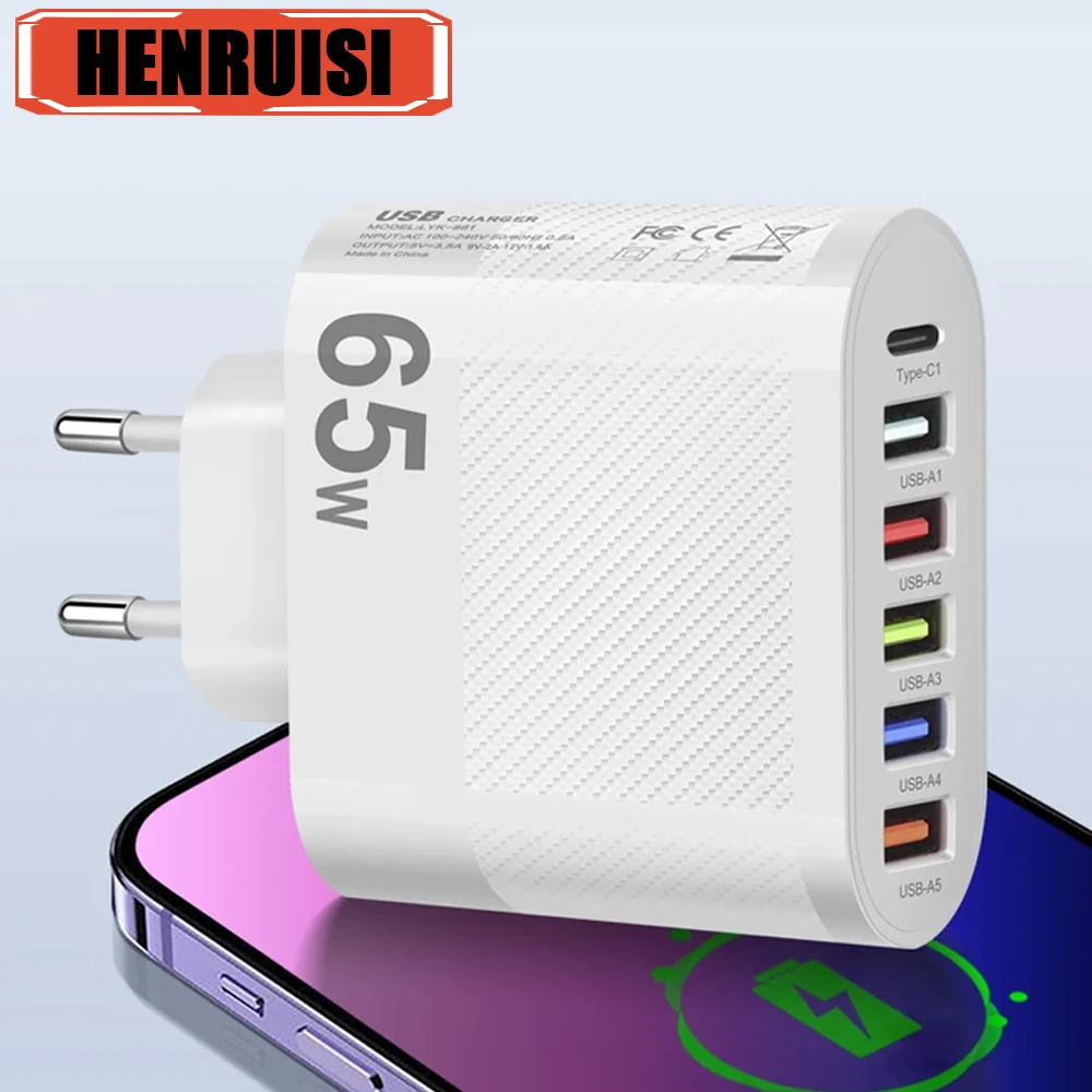6 Ports 65w USB-Ladegerät Schnell ladung Ladegerät für Mobiltelefone Universelle Wand ladung für iPhone 15 14 Samsung Xiaomi 2024 heißer Verkauf Image