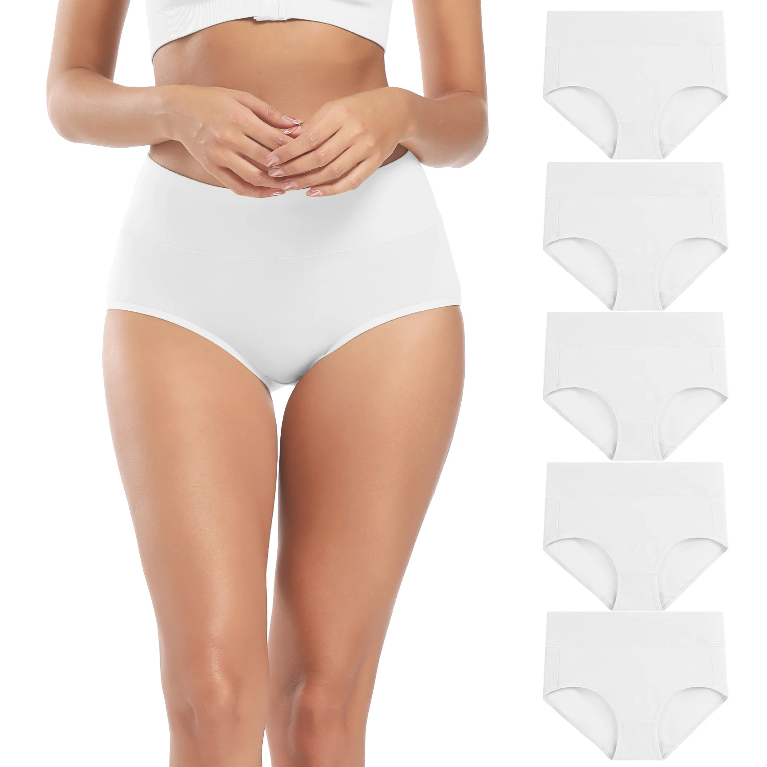 POKARLA 5er-Pack Damen Atmungsaktive Baumwollslips High-Cut Bauchkontrolle Slips Damen C-Section Erholungsunterwäsche Weiß Übergröße Image