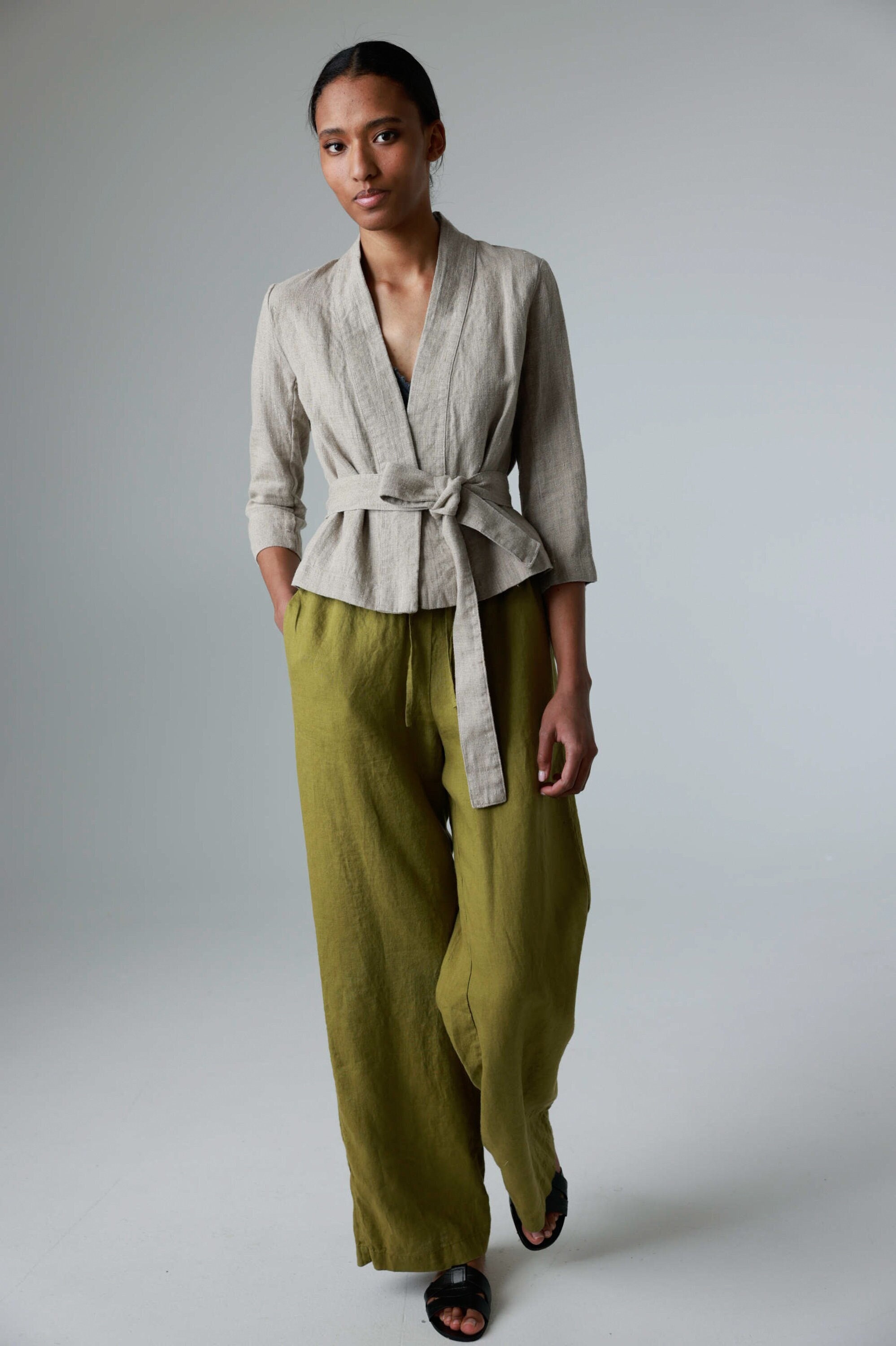 Giacca kimono in lino con maniche a 3/4, giacca corta in lino, cardigan aderente in lino, giacca da donna in lino, giacca corta in lino, blazer in lin