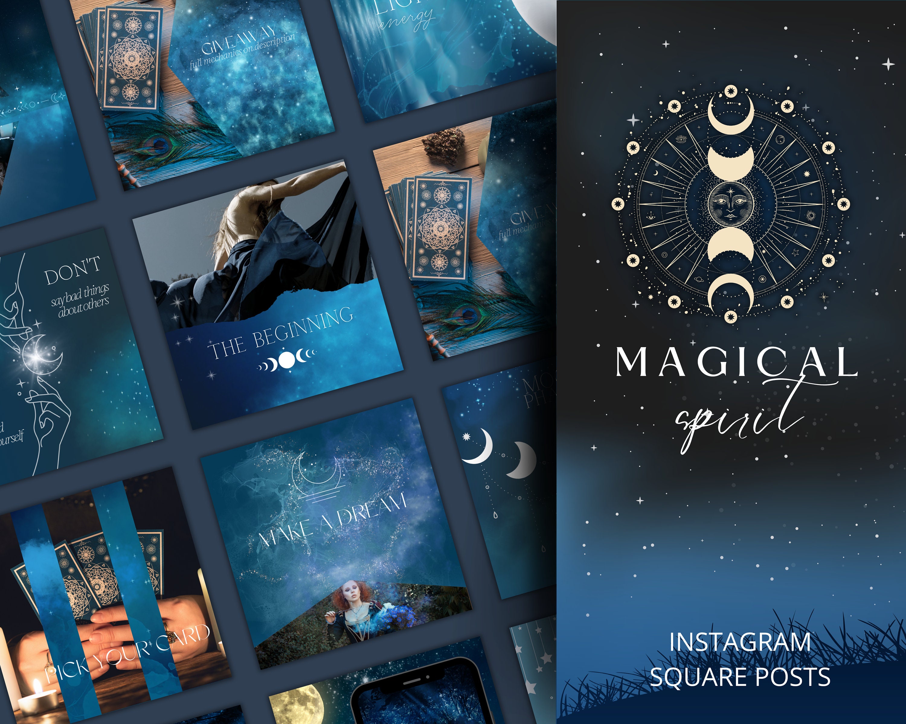 Modello Instagram magico, post Instagram spirituali, post sui social media magici, storia Instagram spirituale, modello Instagram blu