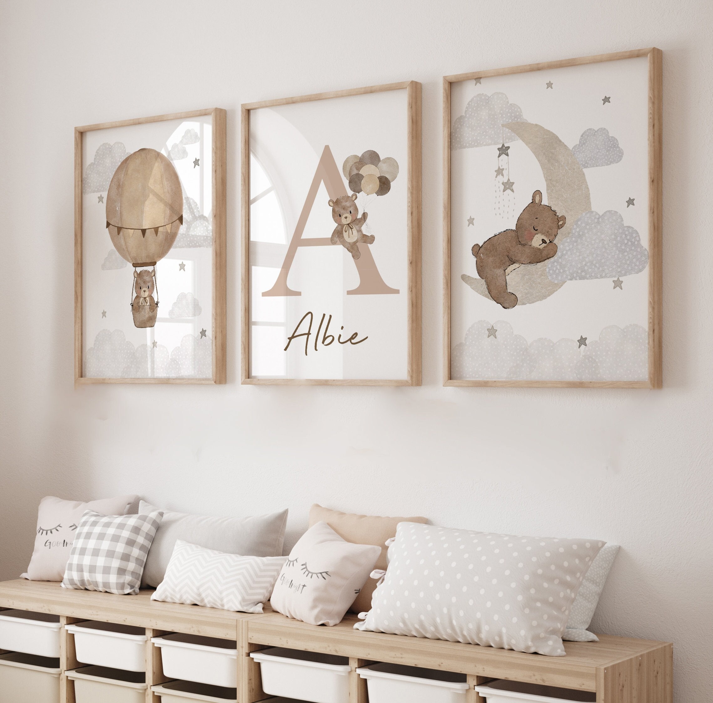 set di 3 stampe per la cameretta dei bambini, cameretta dei bambini con orsetto, decorazioni per la cameretta dei bambini neutre, neonati maschi, neon