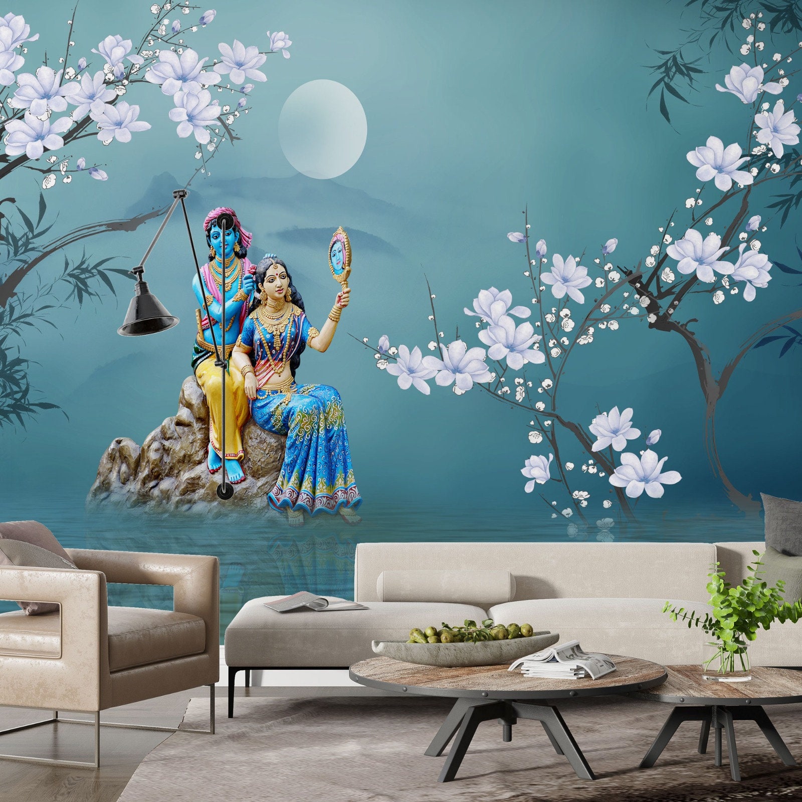 Radha Krishna Wall Mural, Indian Wallpaper Luxury Decor, Lord Krishna e Radha Wall Mural, personalizzabile