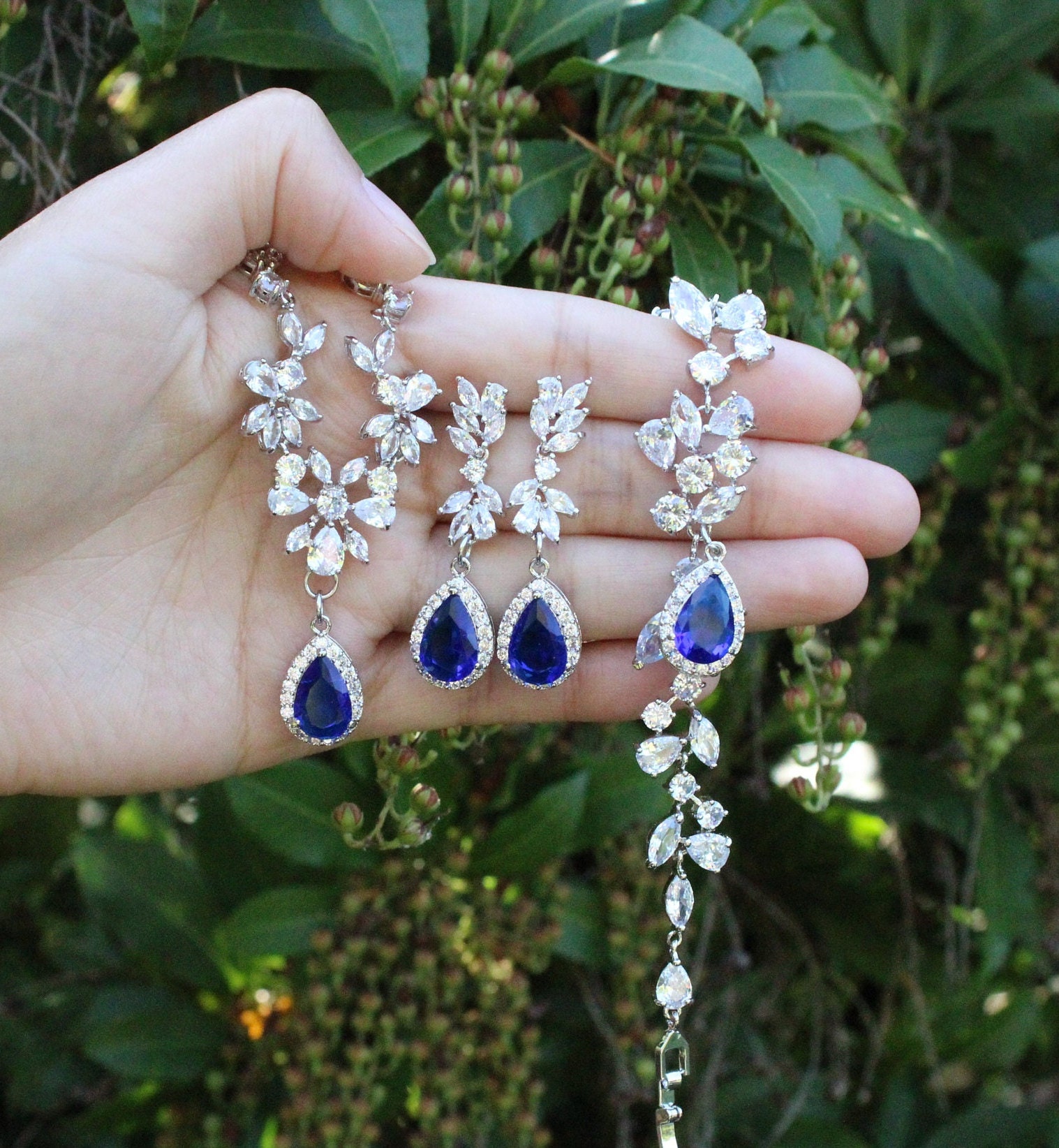 Set di gioielli da sposa blu reale, collana, orecchini e bracciale da sposa, SET di orecchini pendenti da sposa, gioielli da sposa blu zaffiro, collan