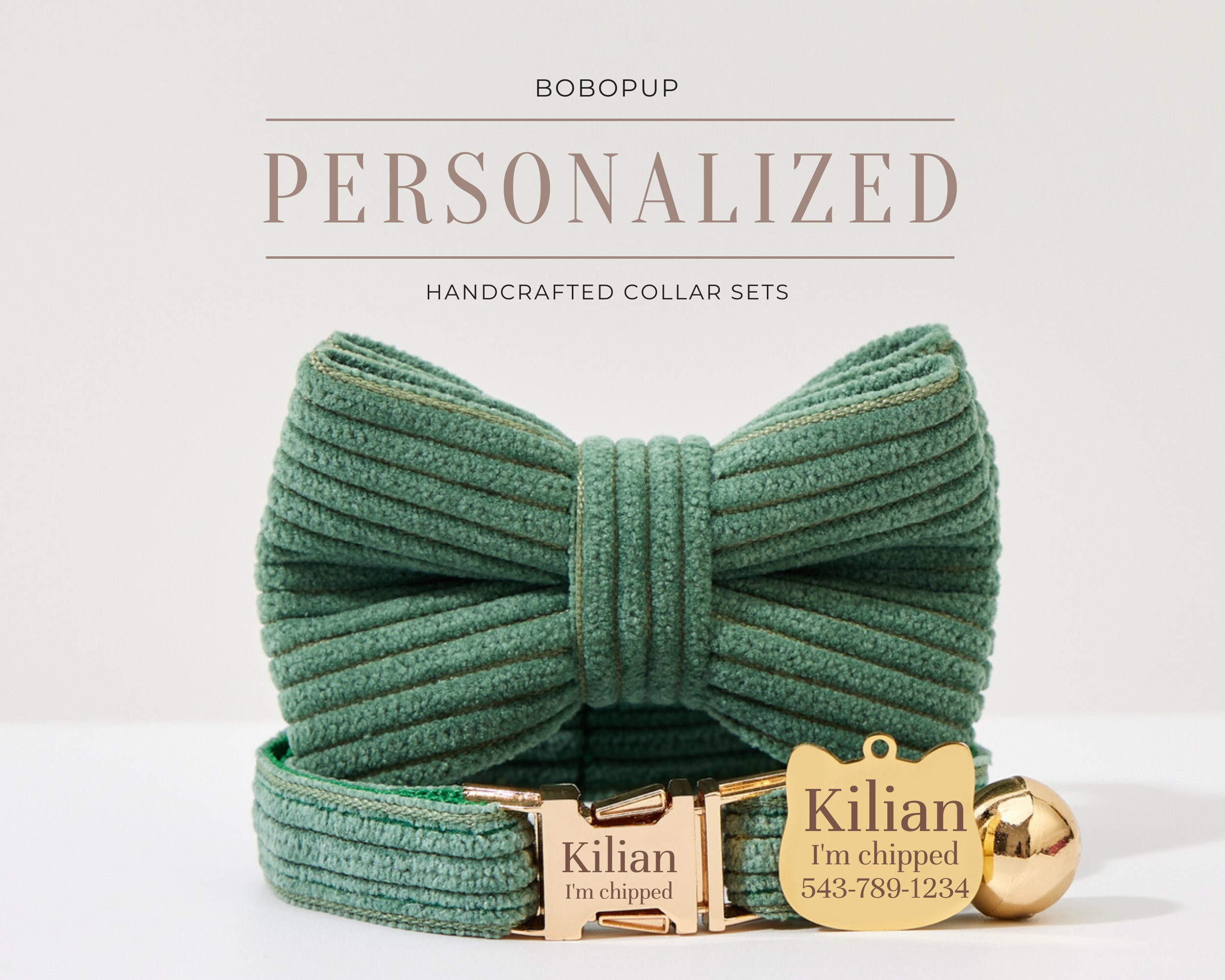 Set papillon collare gattino in velluto a coste verde fatto a mano, lussuoso set guinzaglio collare gatto per ragazza ragazzo, papillon collare gatto