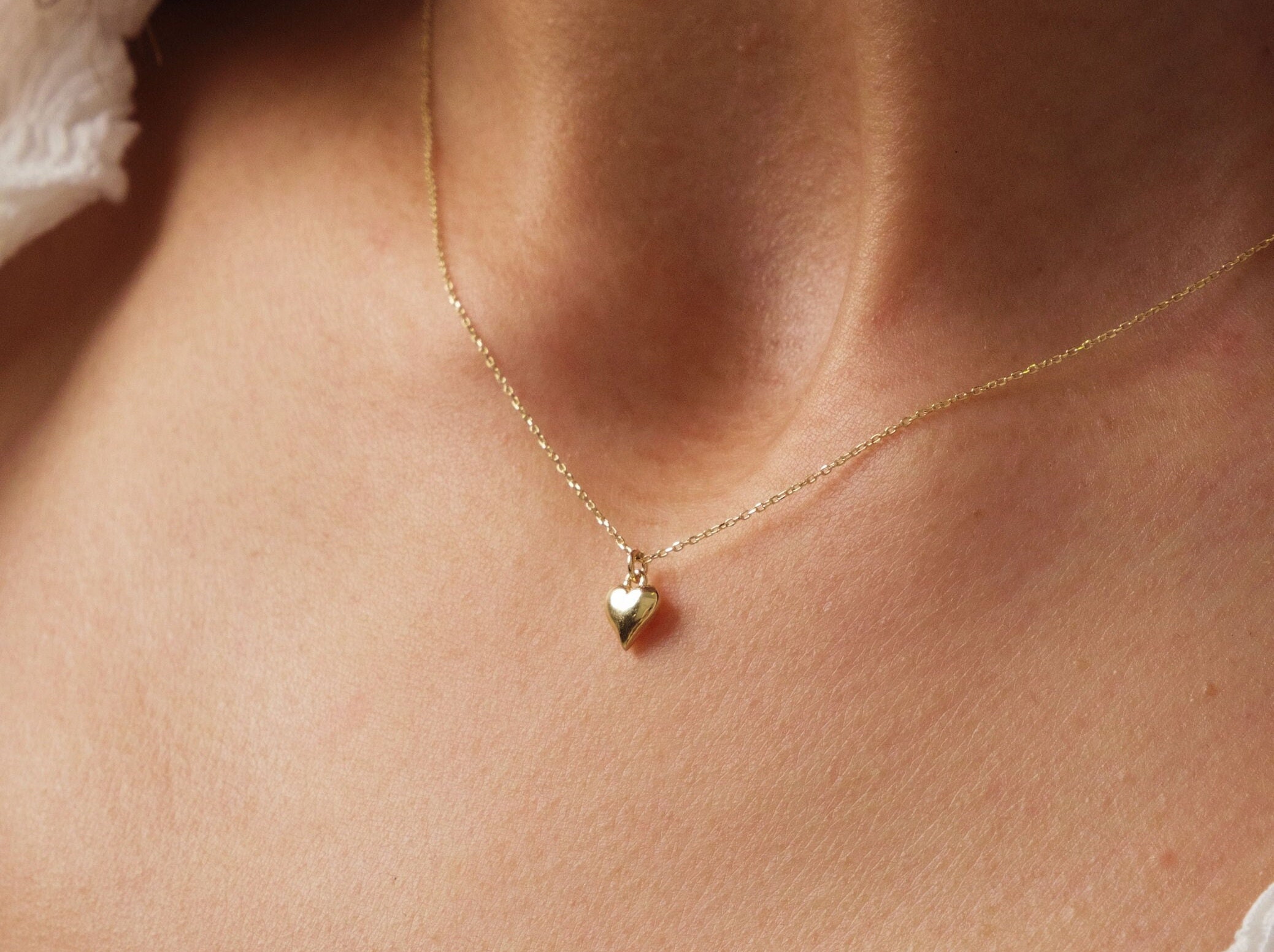 Collana a cuore in oro 14 carati, collana a cuore gonfio, mini ciondolo a cuore 3D, piccolo ciondolo a forma di cuore in vero oro, collana con ciondol