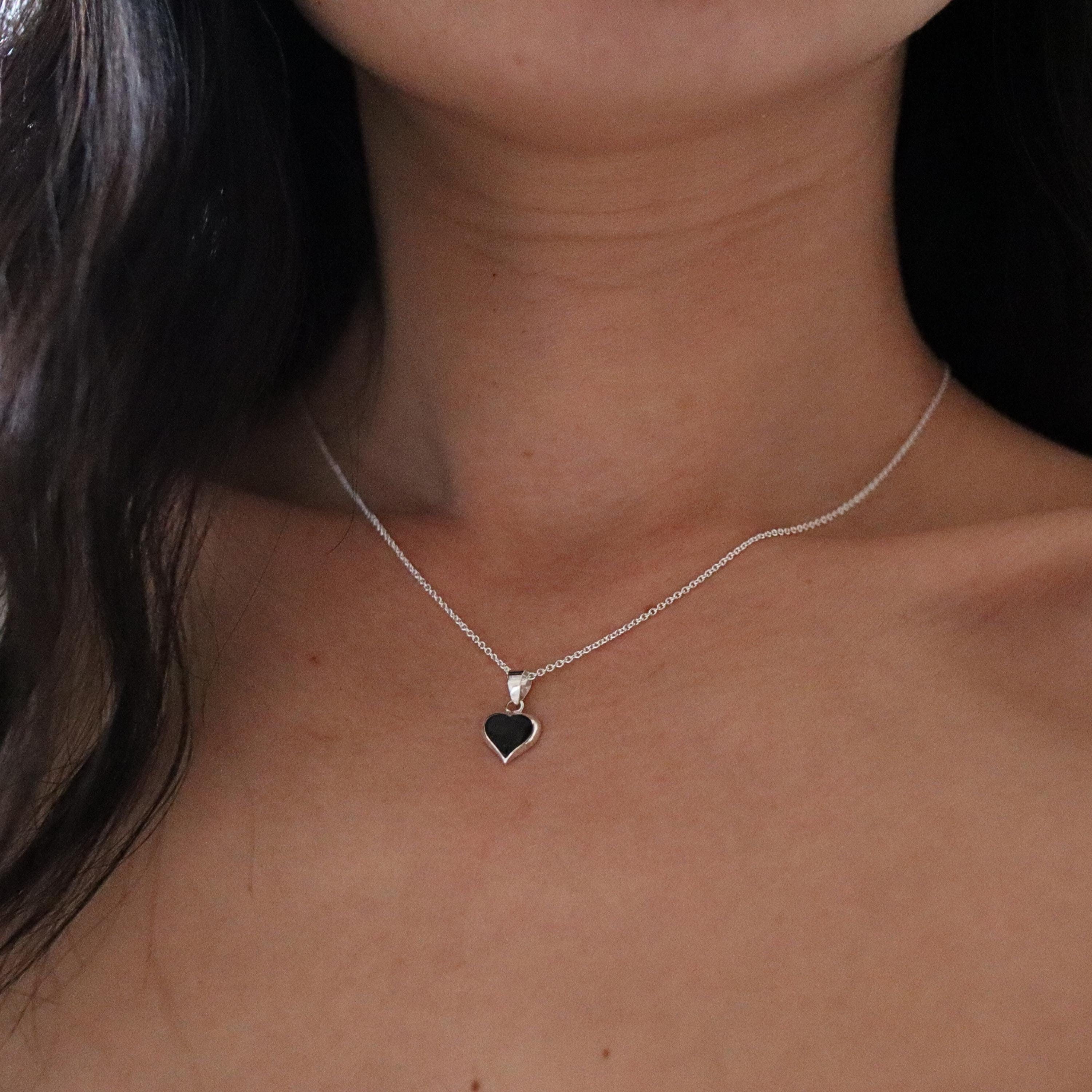 Collana con ciondolo a forma di cuore in onice, collana a forma di cuore in argento 925, ciondolo a forma di cuore, ciondolo a forma di cuore in onice