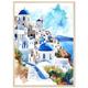 Santorini Grecia Acquerello Dipinto Cupole Blu Stampa Artistica da Parete Vista Mar Egeo Poster di Viaggio di NataliaAyuArt