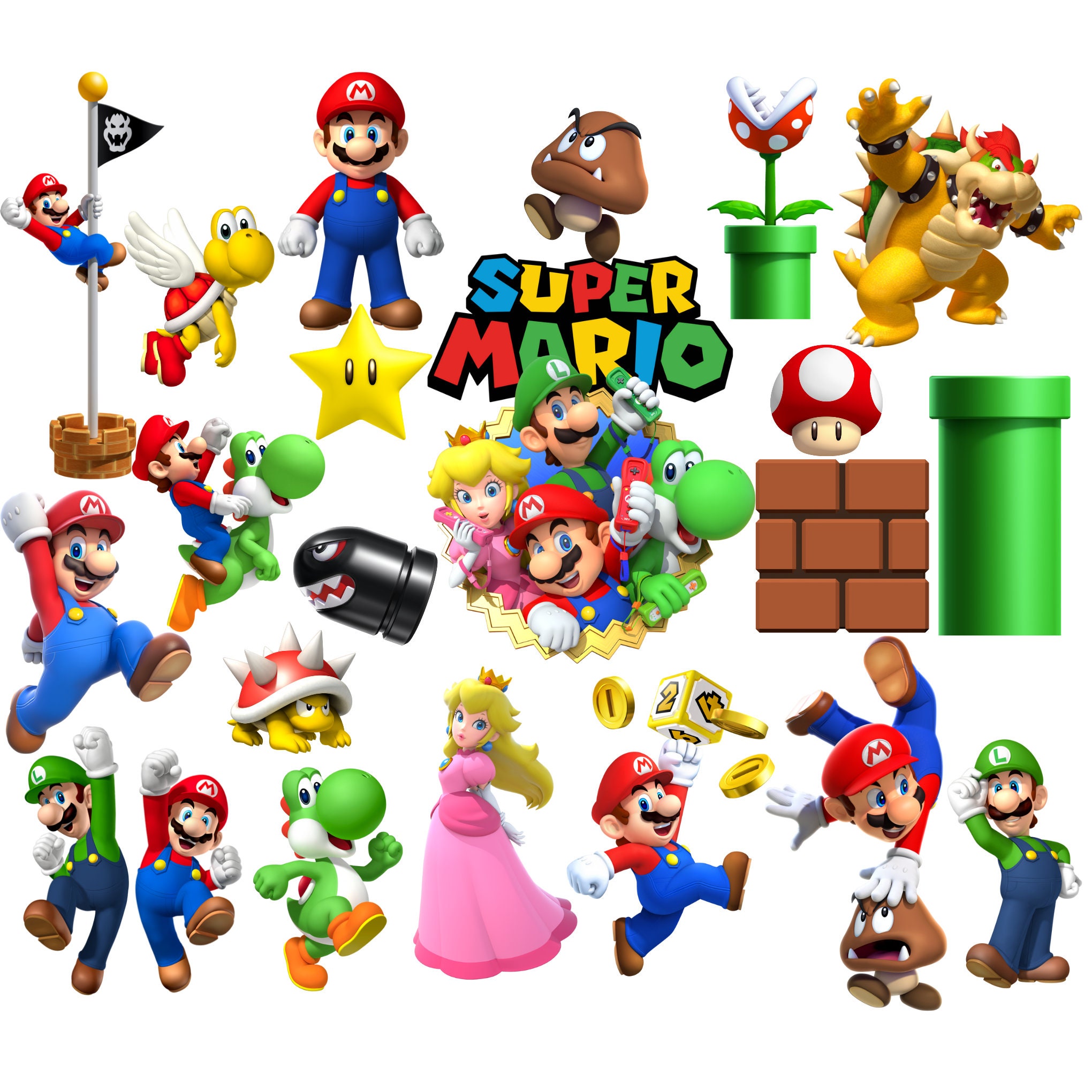 Pacchetto PNG Super Mario, set clipart PNG Super Mario, personaggi Super Mario, PNG gioco retrò, PNG Luigi, Super Mario Bros