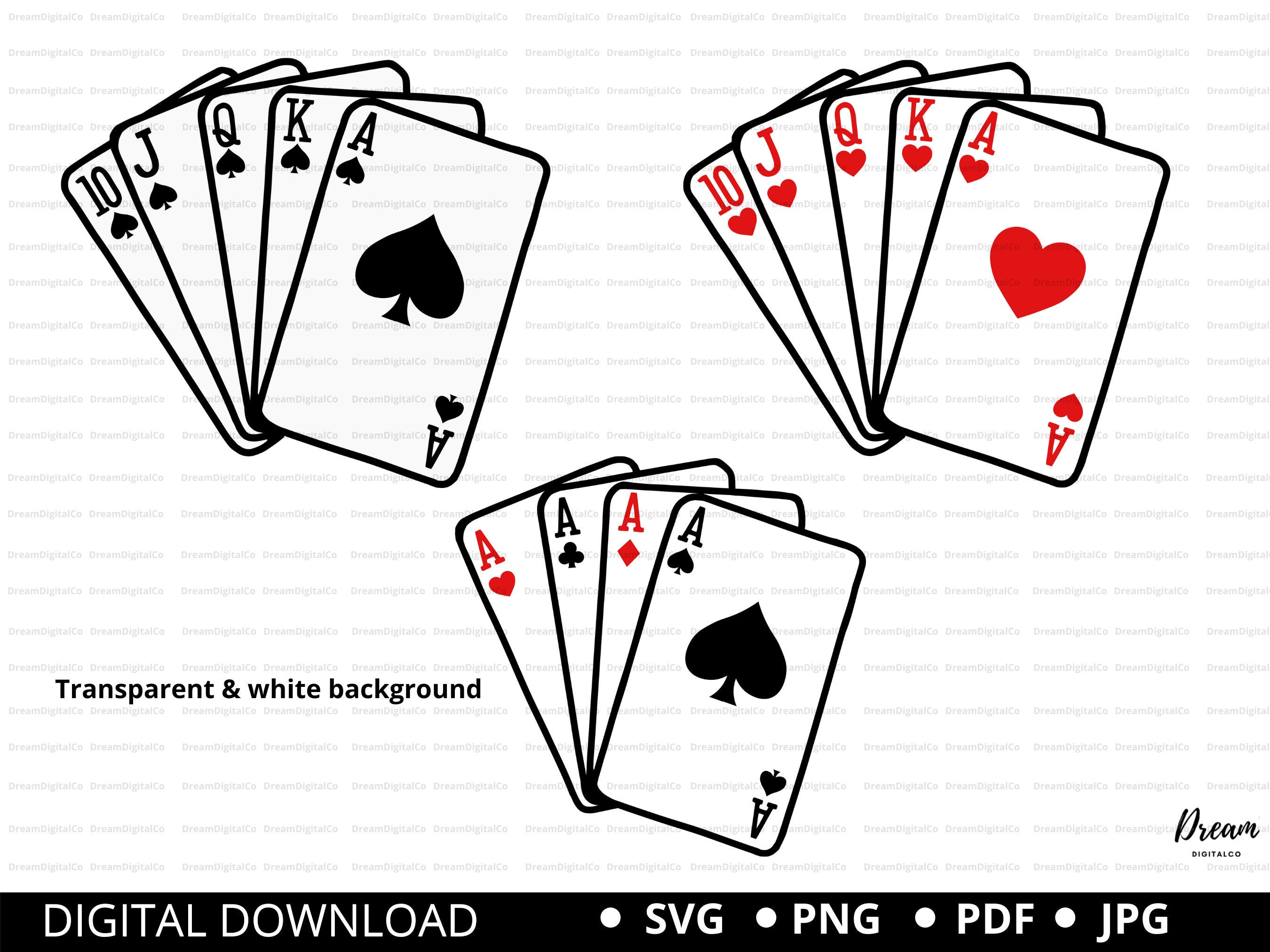 Carte da gioco SVG, Assi SVG, Carte da poker SVG, ClipArt Scala reale, ClipArt di carte, File di taglio vettoriali di carte da poker Cricut Silhouette