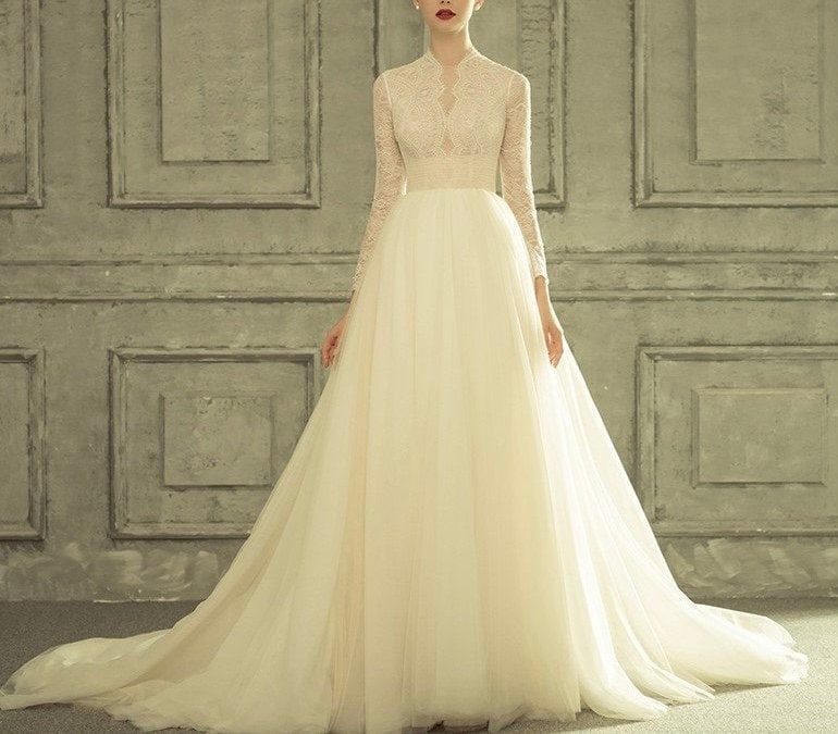 Abito da sposa classico - Abito da sposa Grace Kelly - Abito da sposa a maniche lunghe - Abito da sposa in pizzo - Abito da sposa con perline - Sposa