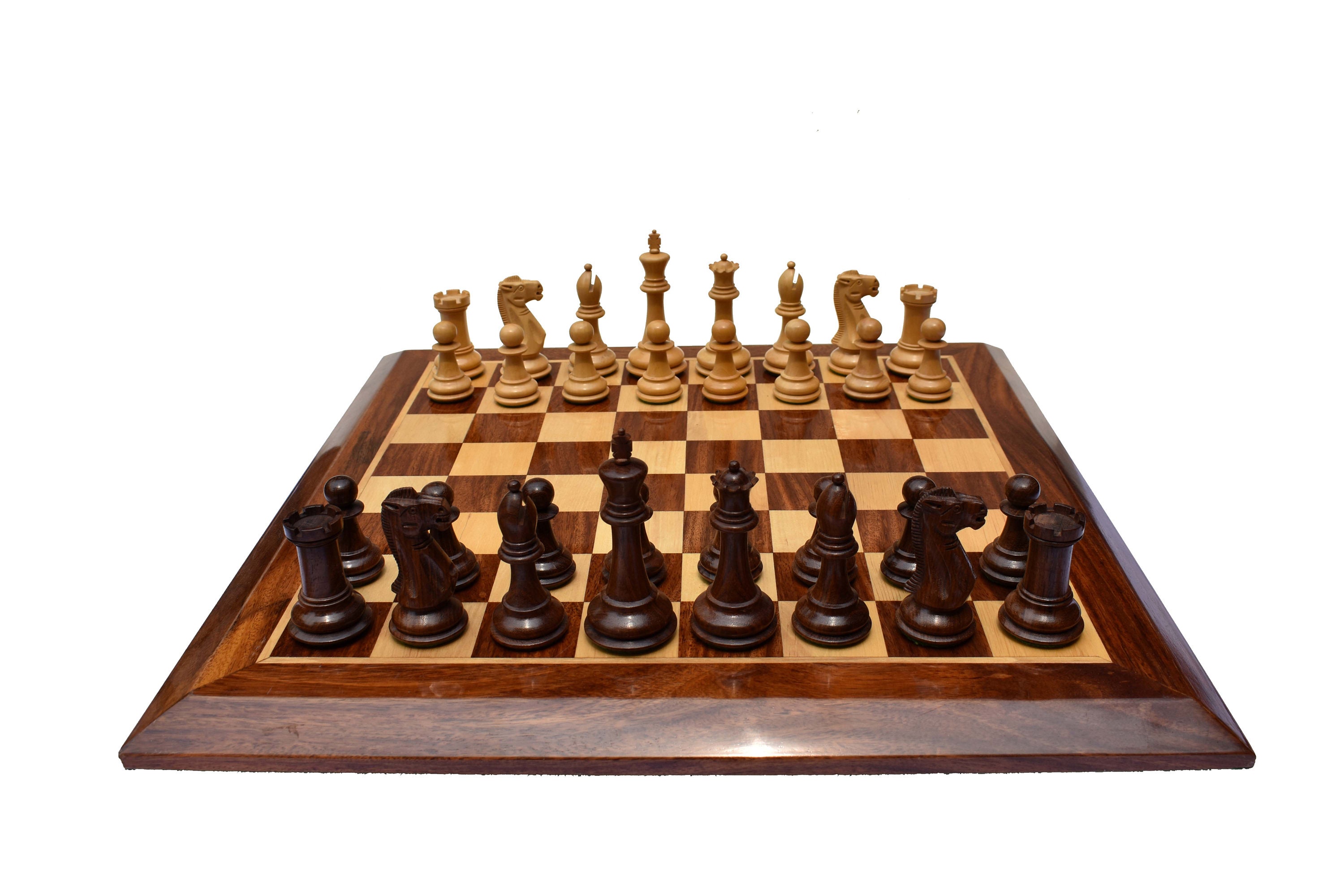 "set di scacchi di lusso combo Sleek Series Complete Boxwood/Sheesham 3.75\" King con 1.75\" quadrato Staunton set di scacchi completo-The Chess Empire"