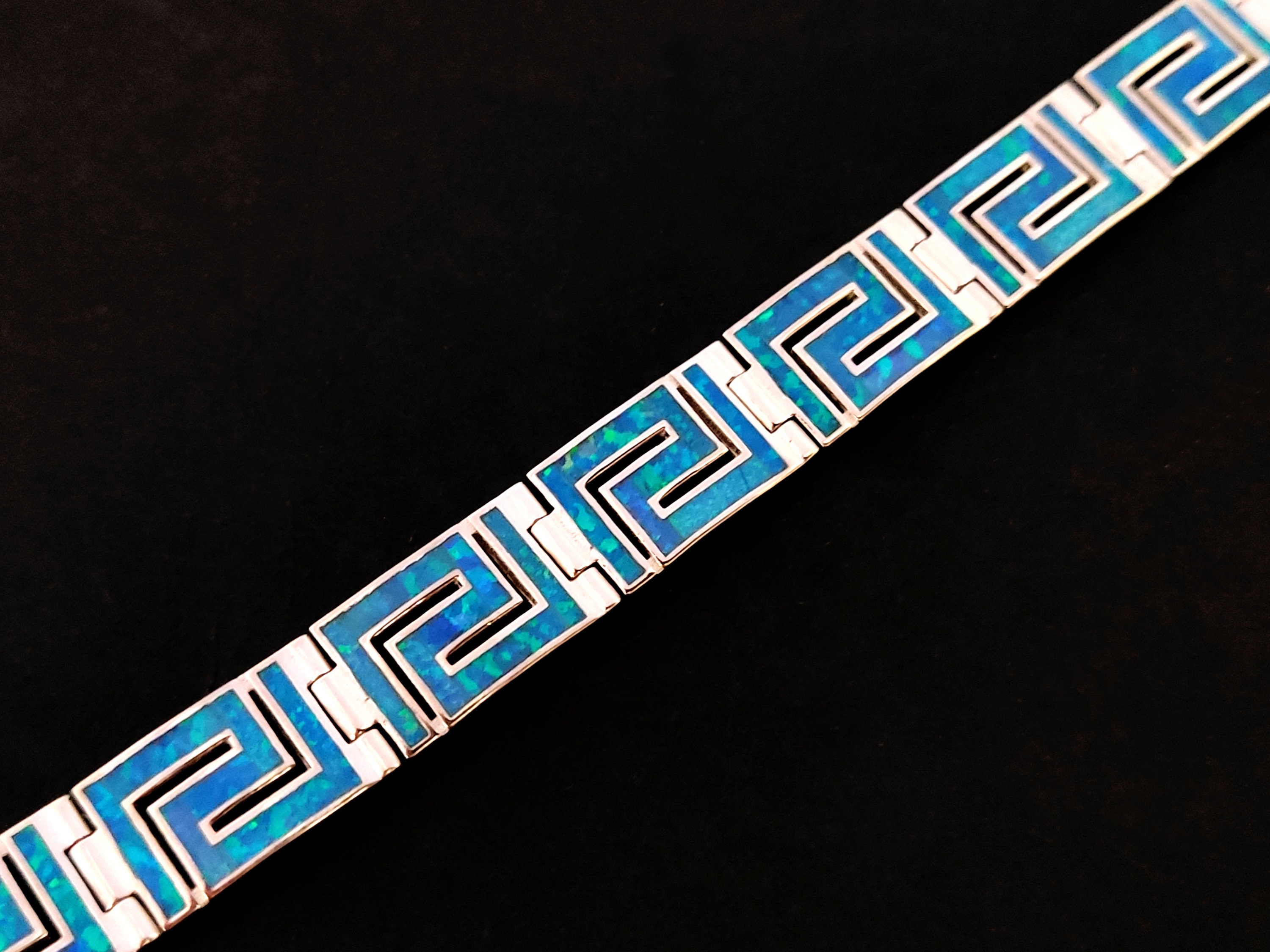 Bracciale greco in argento sterling 925 con pietre di opale blu, bracciale Eternity in opale blu da 10 mm, bracciale in opale blu greco, bijoux greche