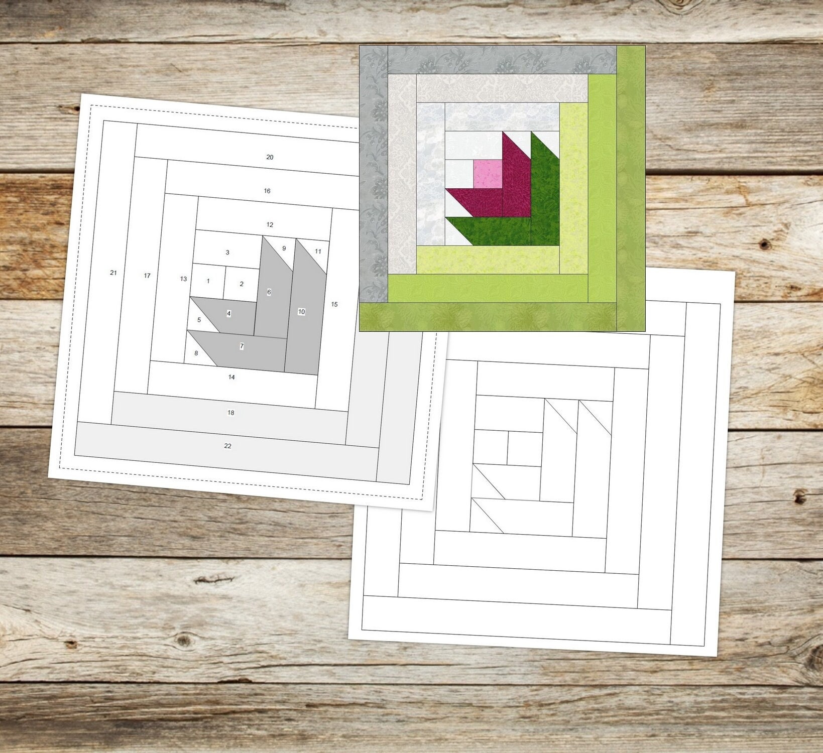 "Modelli per Foundation Paper Piecing (FPP)/Modello per blocco trapuntato Tulip Log Cabin/4 dimensioni del blocco finito: 6, 8, 10, 12\"/PDF digitale/Do"