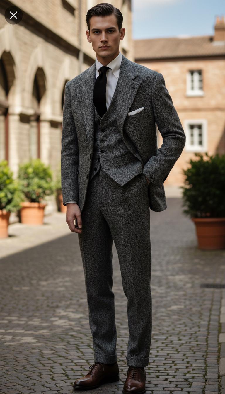 Abito da uomo in tweed di lana a spina di pesce: completo a tre pezzi grigio in stile vintage