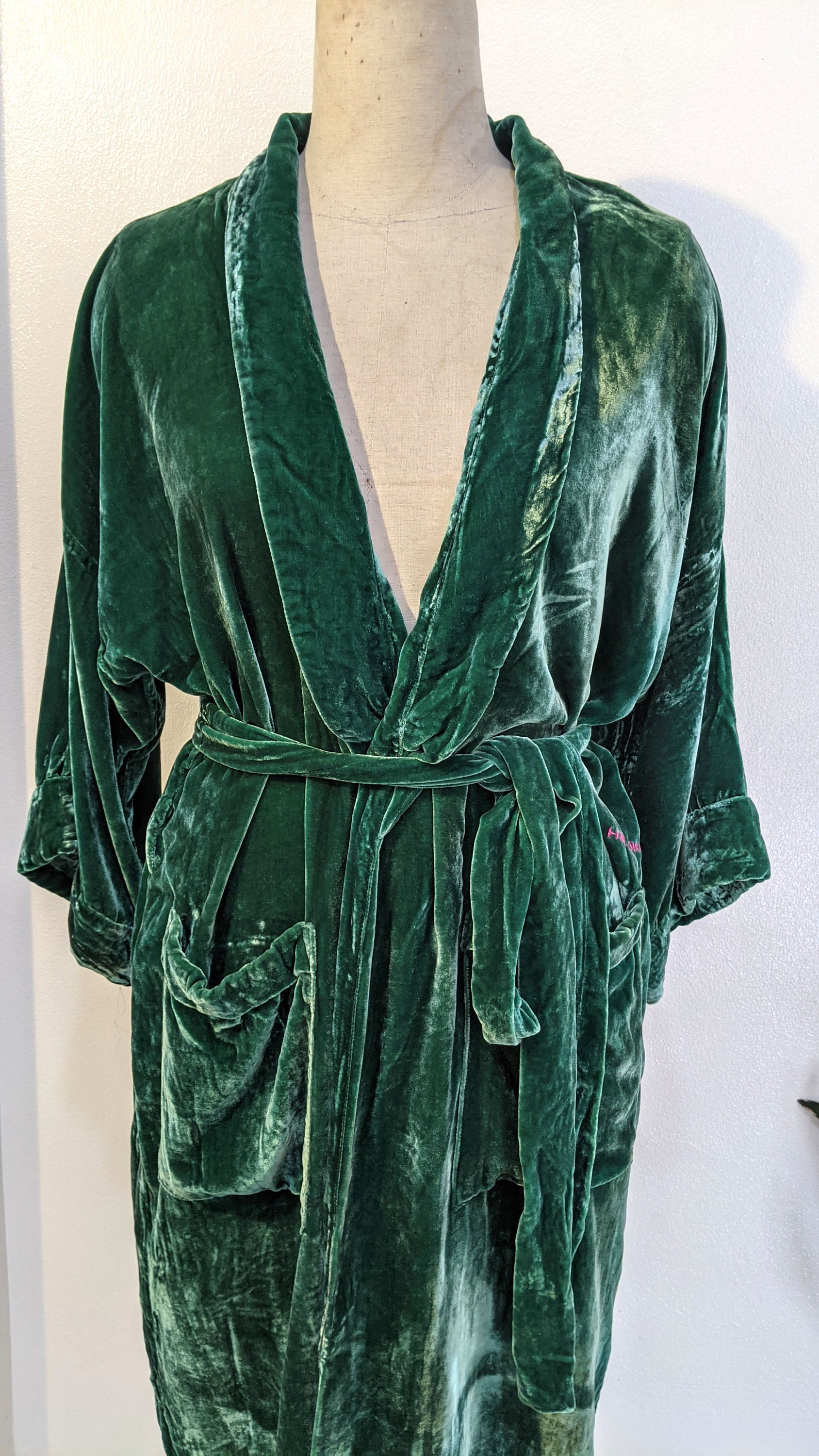 Silk Velvet Night Robe kimono di velluto di seta verde scuro, cardigan kimono, spolverino lungo tinto a mano, giacca oversize in velluto di seta natur