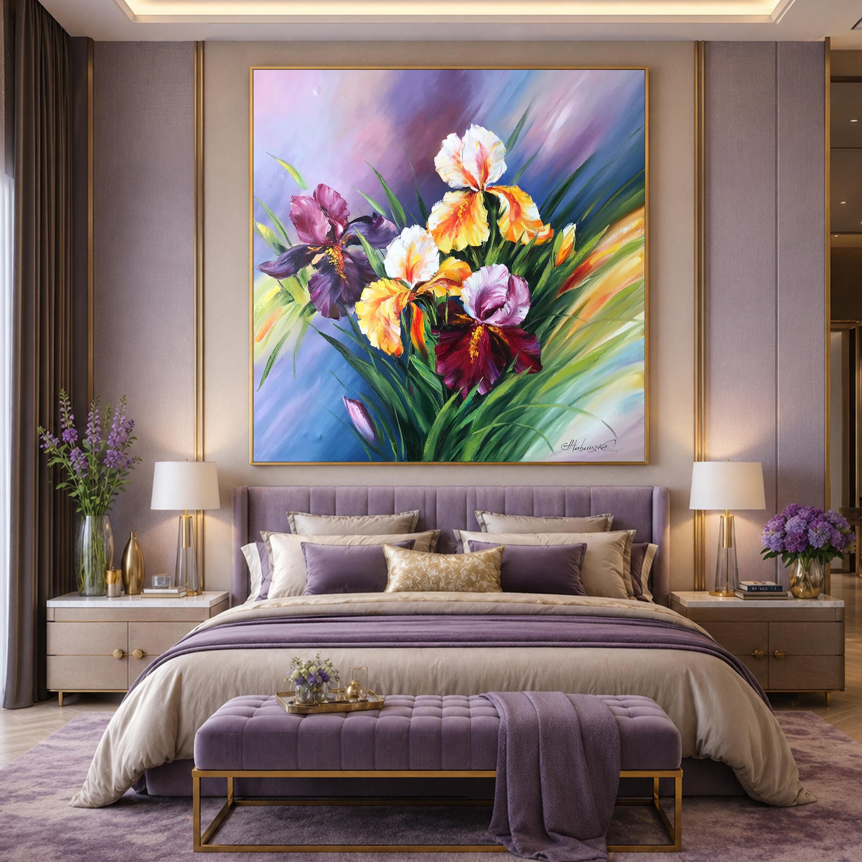 Dipinto originale di fiori di iris, grandi fiori in fiore, dipinto di iris a olio su tela, arte floreale astratta botanica, arte murale di iris