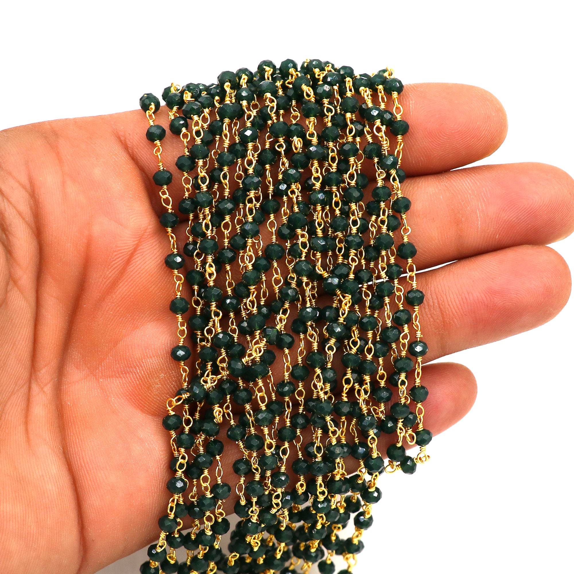 Emerald Beaded Rosary Chain, Hydro Rondelle Faceted, Gold Plated Wire Wrapped Chain, Emerald Hydro, Craft Supplies Chain, Beads For Necklace