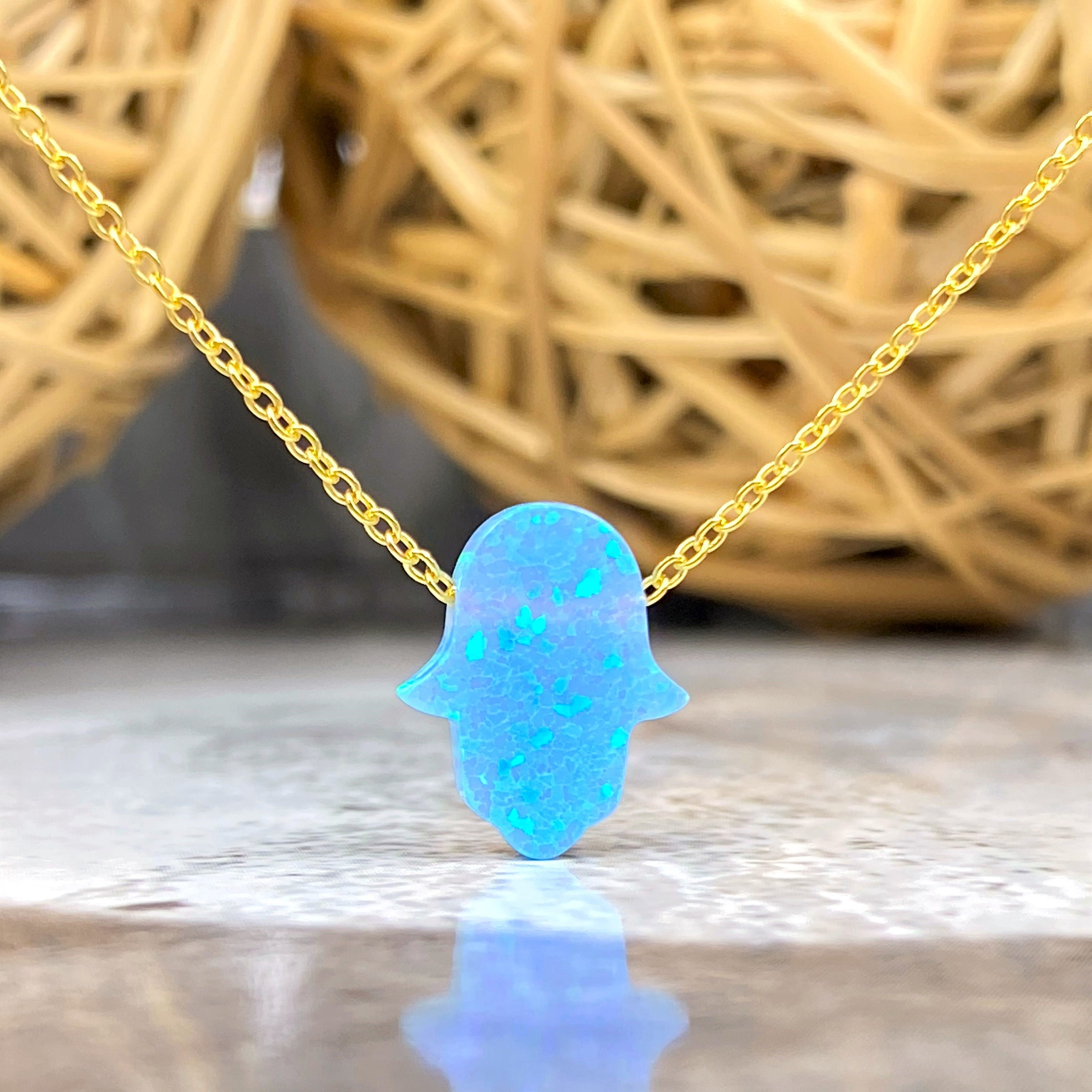 Collana Hamsa in opale blu, collana con mano di Hamsa, collana Hamsa, collana Hamsa in argento, ciondolo Hamsa in oro, ciondolo con mano di Hamsa, man