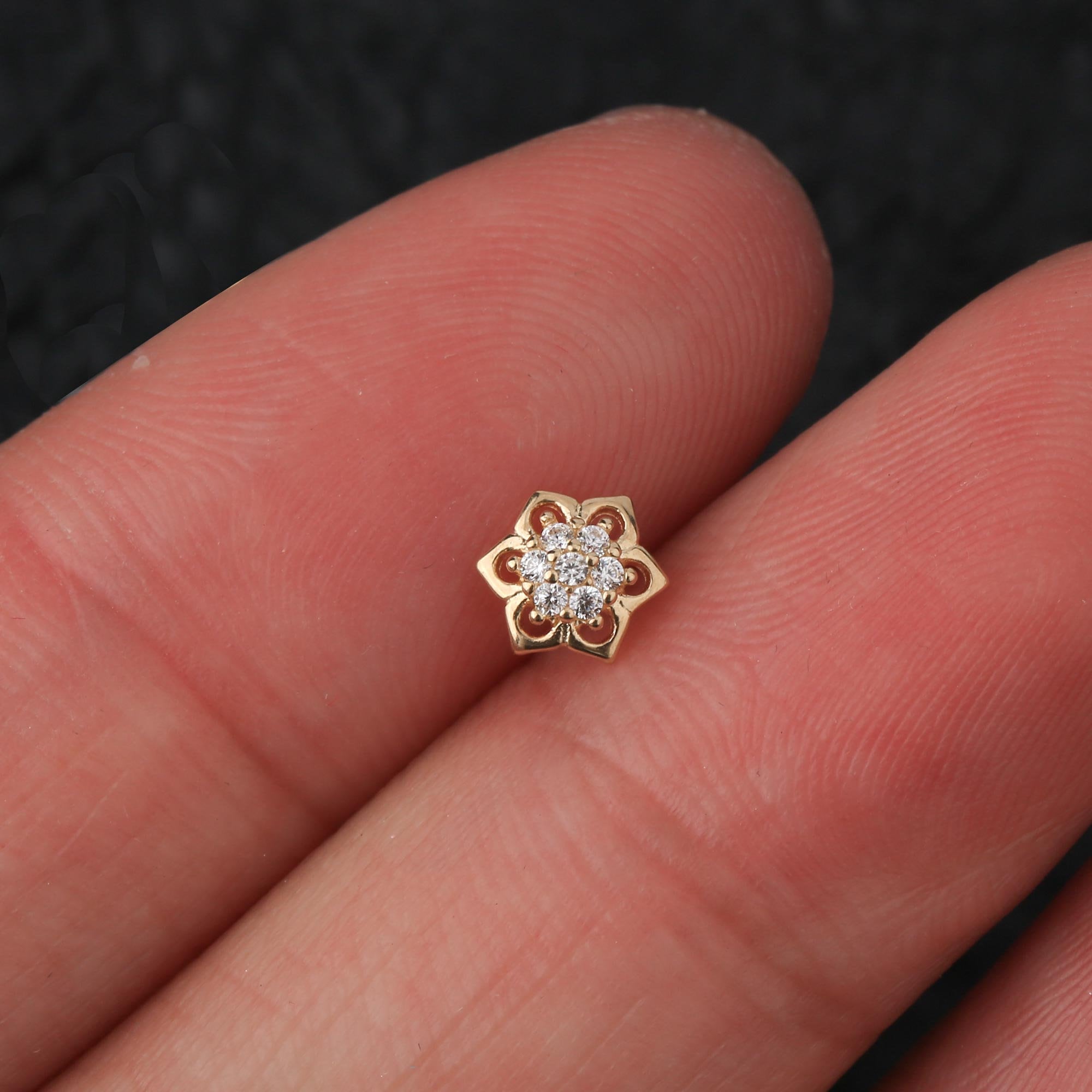Piercing dermici in oro massiccio 14K con zirconi cubici/Piercing dermici con filettatura interna/Piercing piatti filettati/Piercing dermico 16 g/Gioi