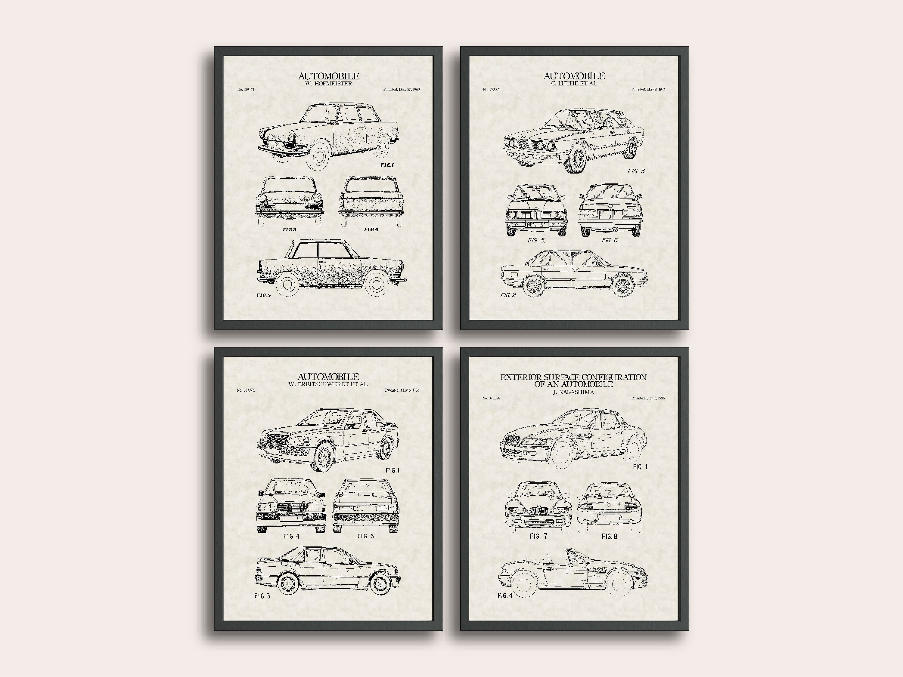 Set di 4 stampe di brevetti BMW / Arte murale di automobili d'epoca / Stampa artistica di brevetti di automobili / Decorazioni per la casa / Decorazio