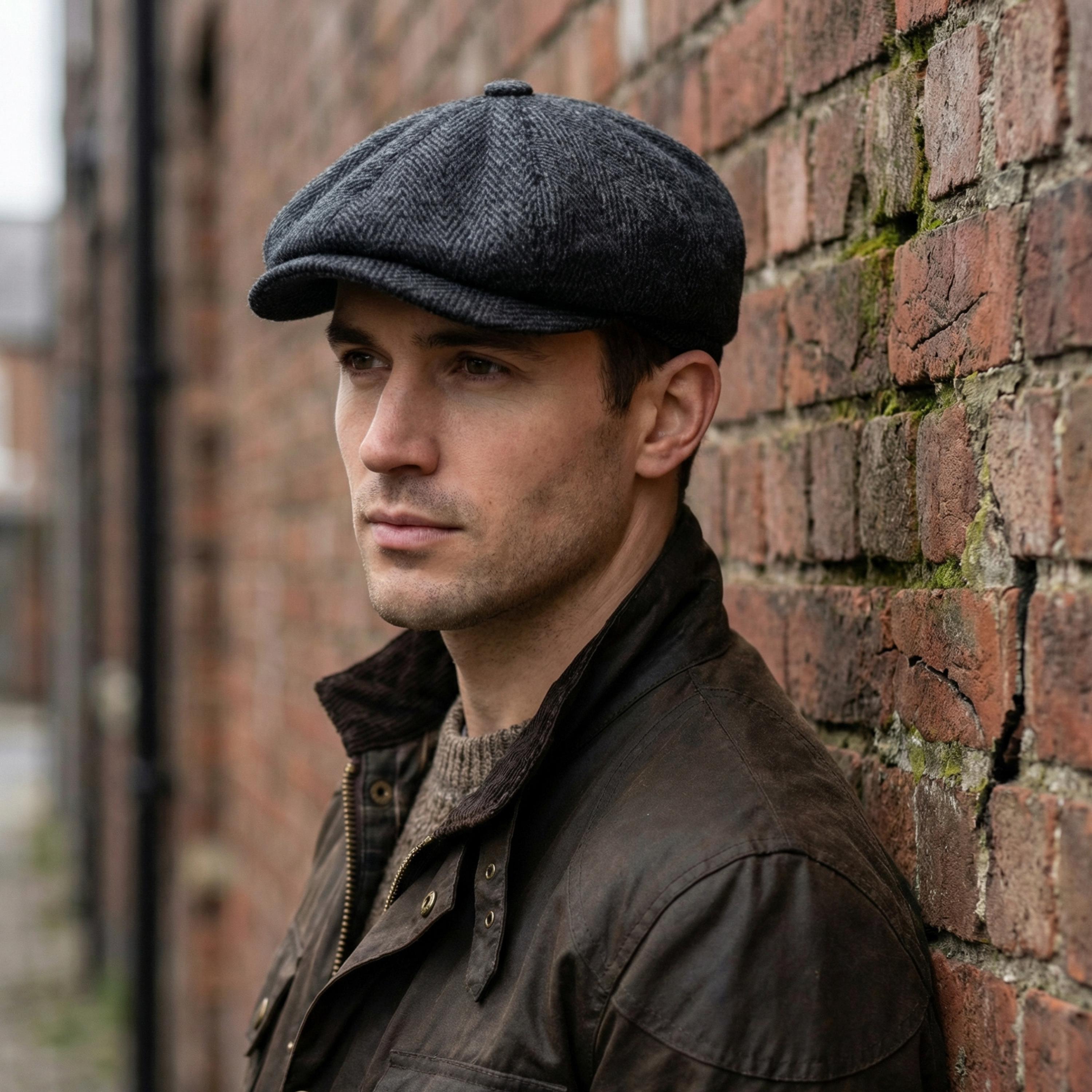 Berretto da giornalaio in lana a spina di pesce nera: cappello Gatsby vintage fatto a mano, berretto Peaky Blinders