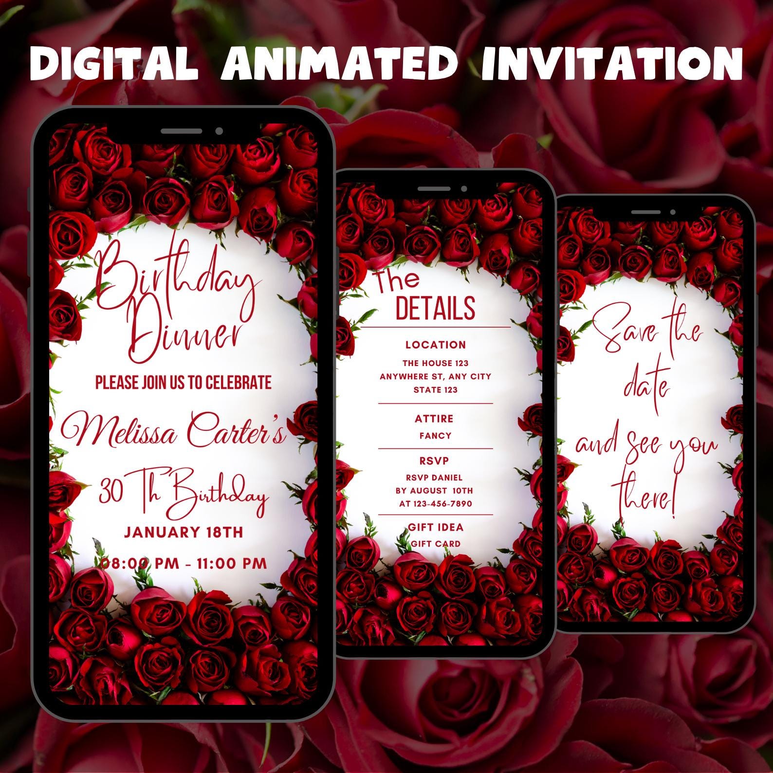 Invito digitale per cena di compleanno con rosa rossa, invito video animato per festa di compleanno con rosa rossa, modello di invito per cena di comp