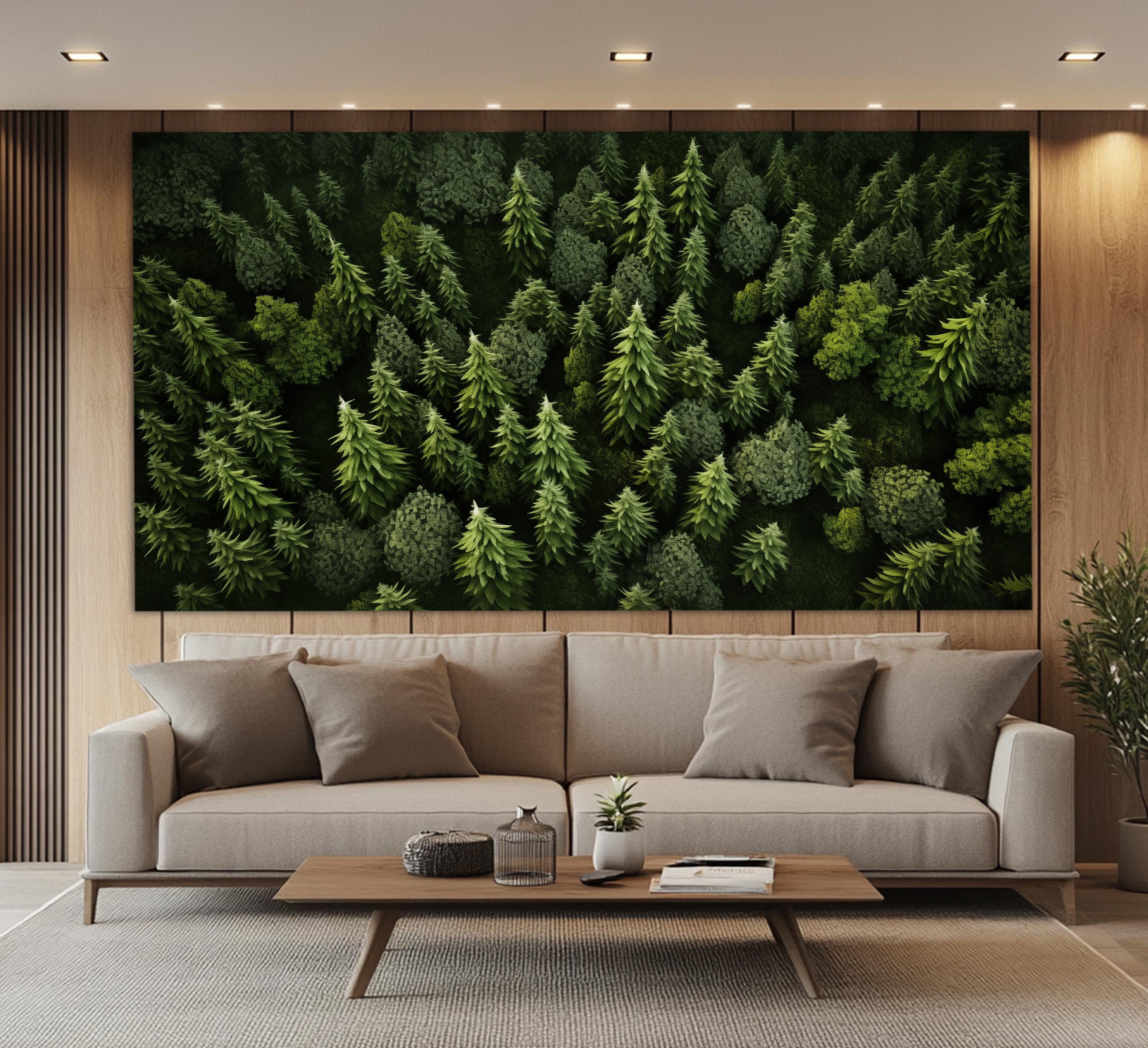 Stampa su tela della foresta, arte murale aerea della foresta, decorazione murale della natura, dipinto della foresta, arte su tela della foresta verd