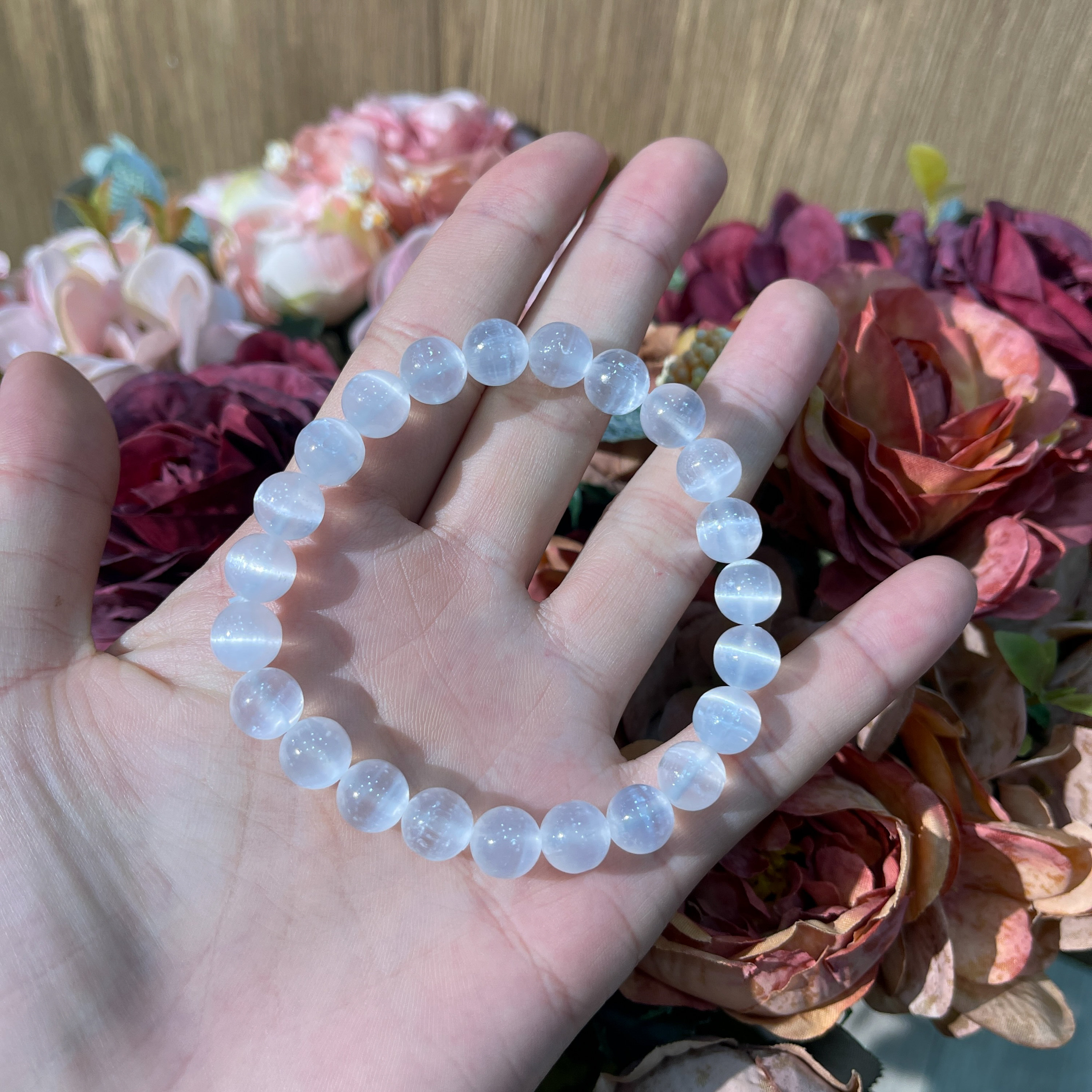Bracciale con perline di selenite genuino, braccialetti di cristallo elastici, braccialetto energetico, regalo per lei, braccialetto da 6 mm, 8 mm, 10