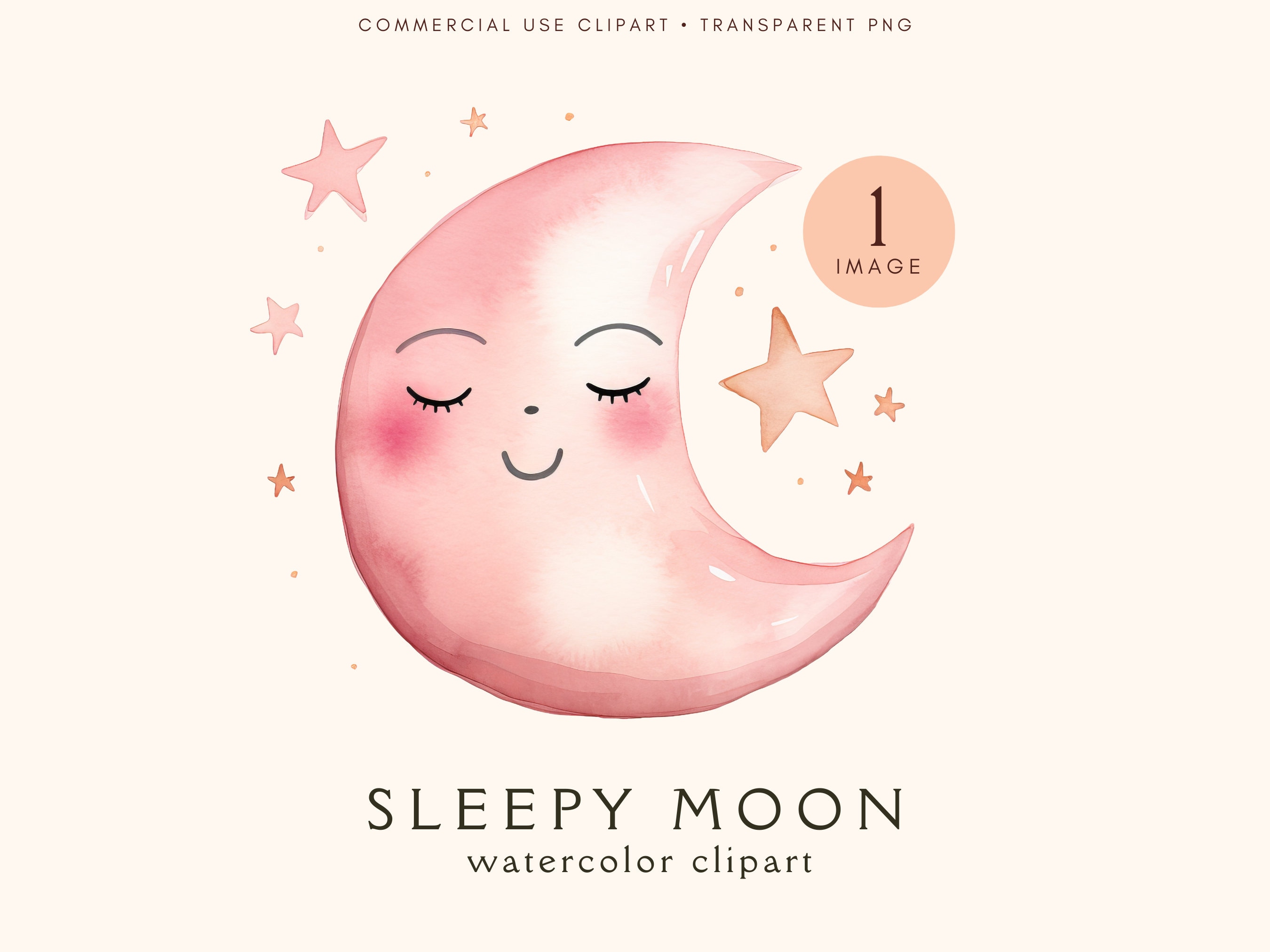 Clipart di luna carina / Clip art di luna addormentata rosa ad acquerello / Uso commerciale / Stelle e luna / Luna addormentata / Baby shower / Decora