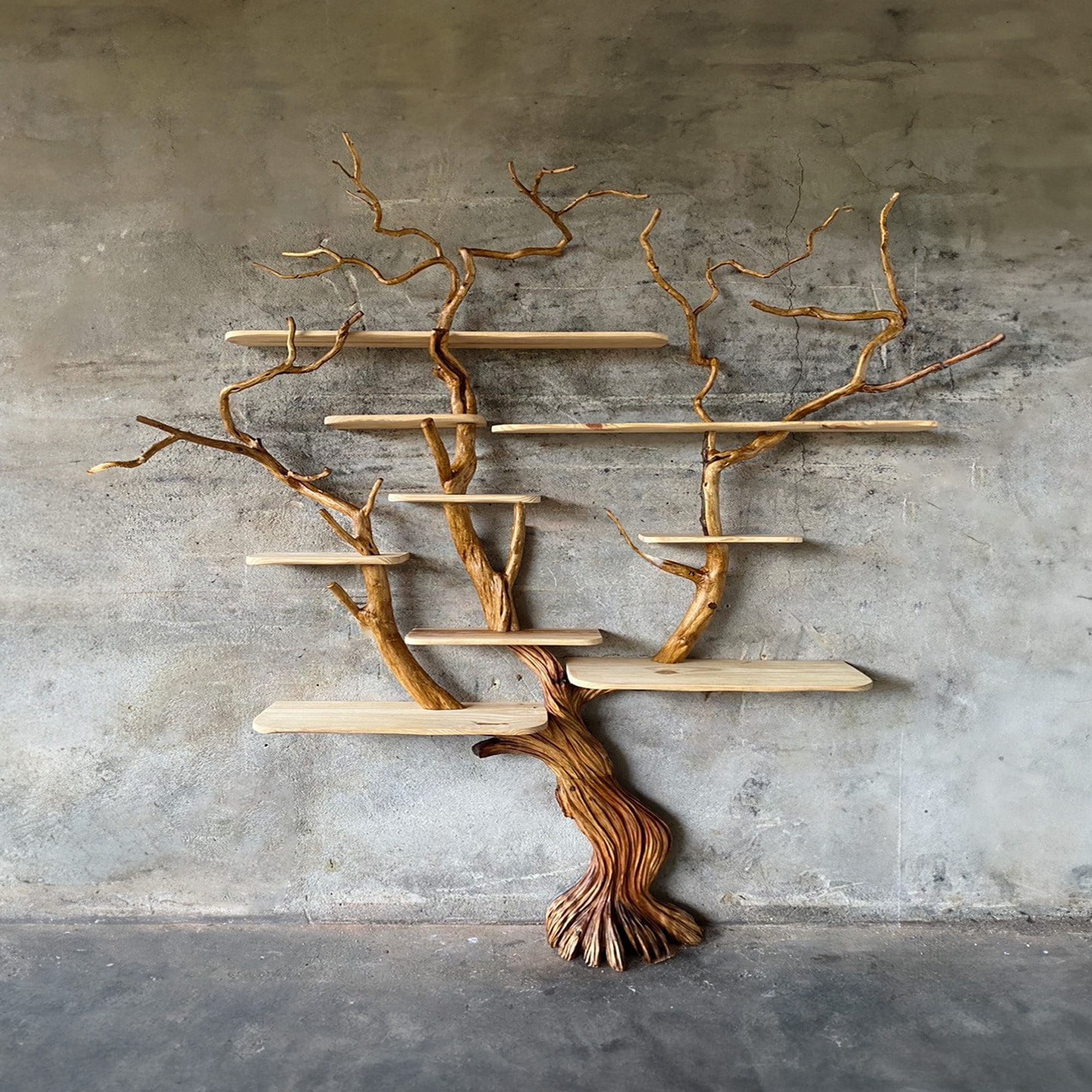 Libreria a forma di albero, libreria galleggiante da parete, decorazione con rami di legno di recupero, mensole fatte a mano, libreria a forma di albe