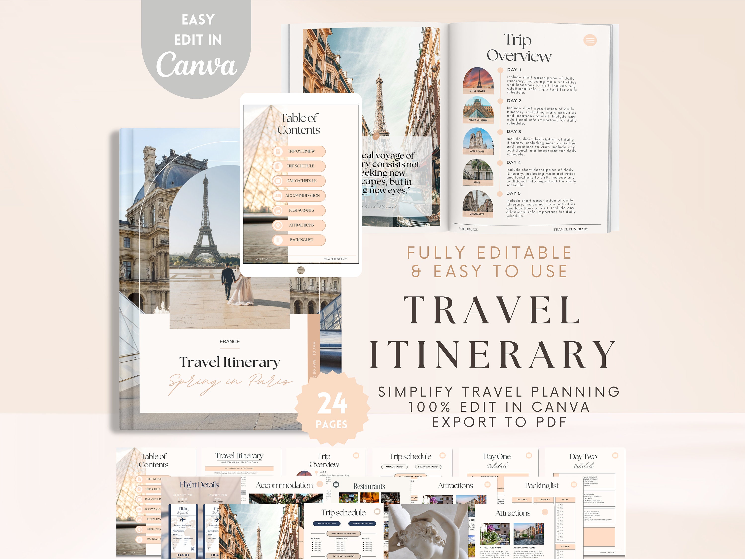 Itinerario di viaggio modificabile, modello di itinerario di viaggio mobile per la luna di miele, modello di itinerario di viaggio Canva, itinerario d