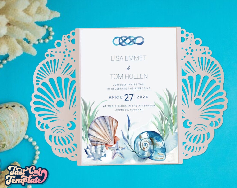 Conchiglia di mare Invito a nozze Modello di taglio SVG, Beach wedding Gate fold card 5x7, Modello di invito a una festa marina Cricut Cameo Laser cut