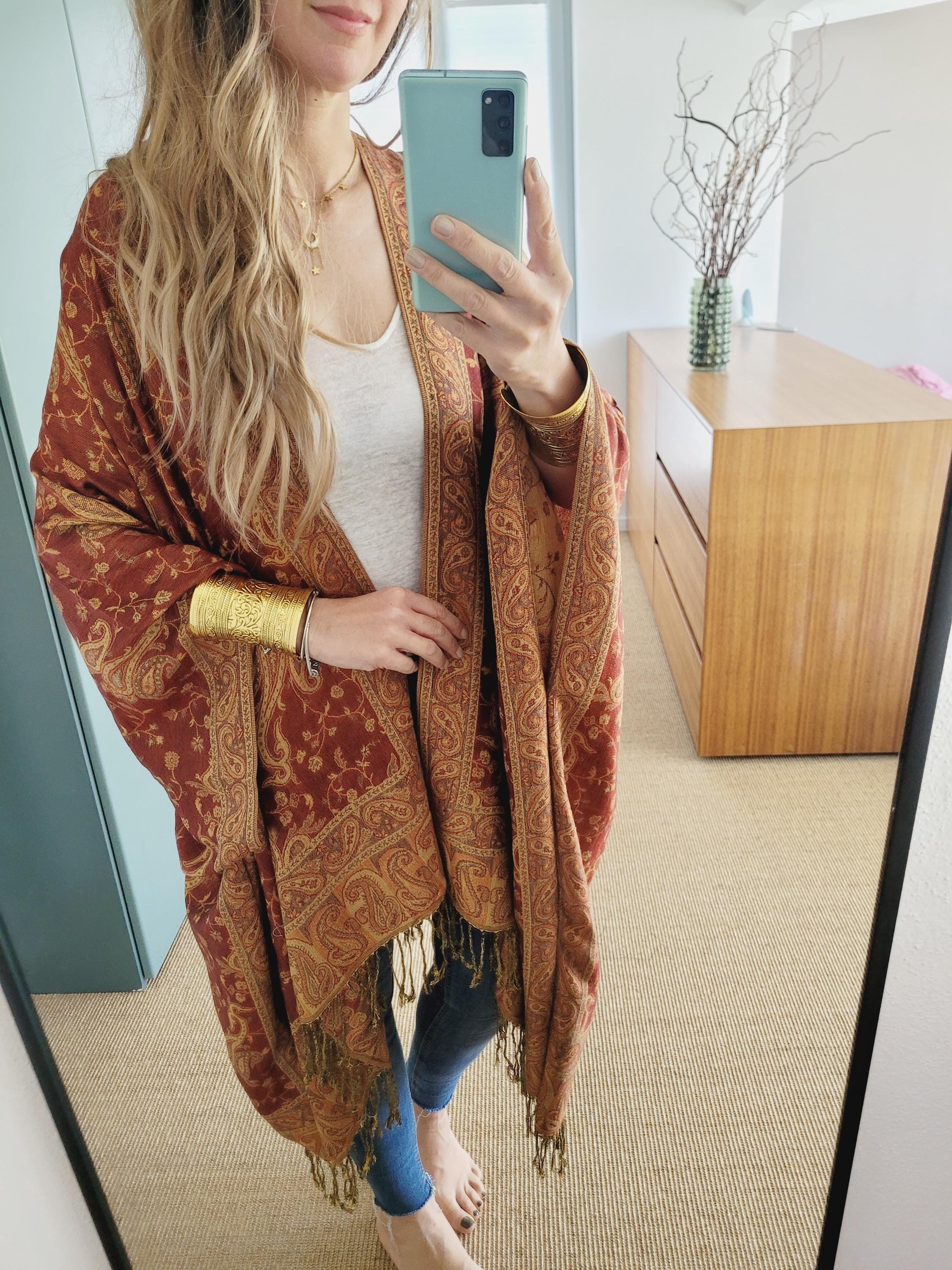 Cardigan lungo boho unisex, kimono con stampa paisley, cardigan leggero, kimono da festival, kimono rosso, kimono verde acqua e fucsia, kimono petroli